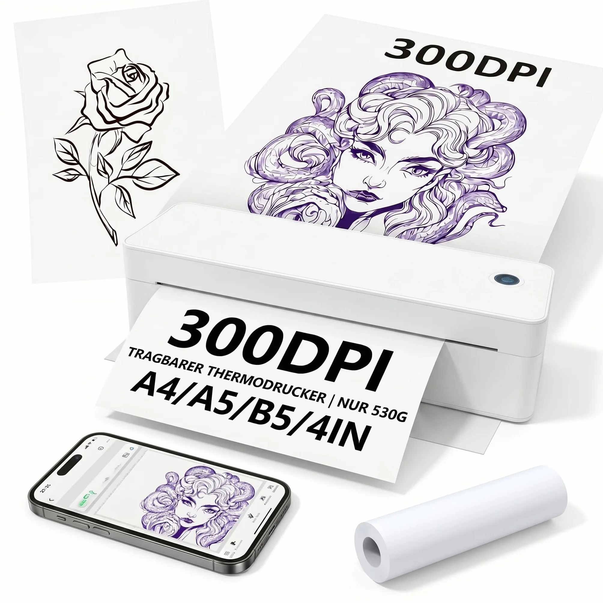 A401 Impresora de Plantillas para Tatuajes Bluetooth, 300DPI Impresora Térmica Portátil para Transferencias y Papel A4, Inalámbrica para Principiantes y Profesionales