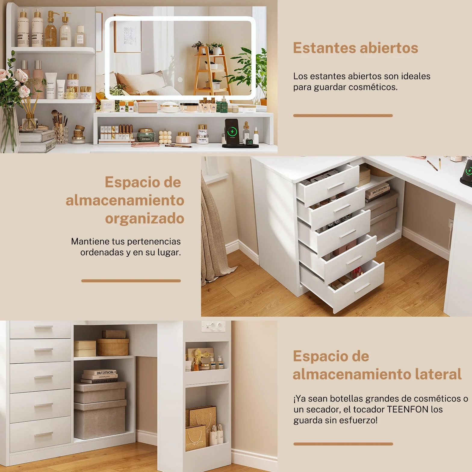 TEENFON Tocador de Maquillaje con Luz LED y Espejo, Cajones y Estantes, Mesa con Enchufes, Blanco, 5 Cajones