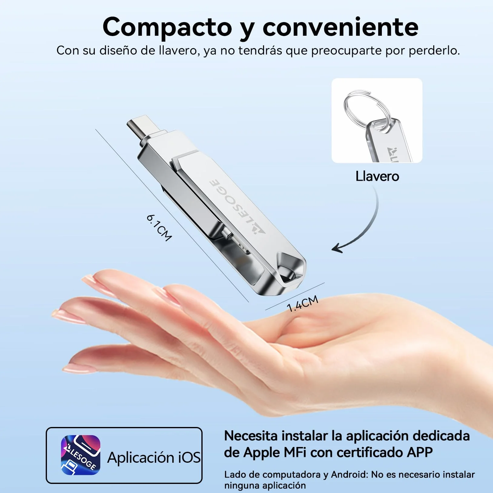 MFi – Memoria USB C 256GB para iPhone y Android, Memoria Externa iPhone 3 en 1, Memoria USB 3.0, pendrive USB-C para Fotos y vídeos (Plata)