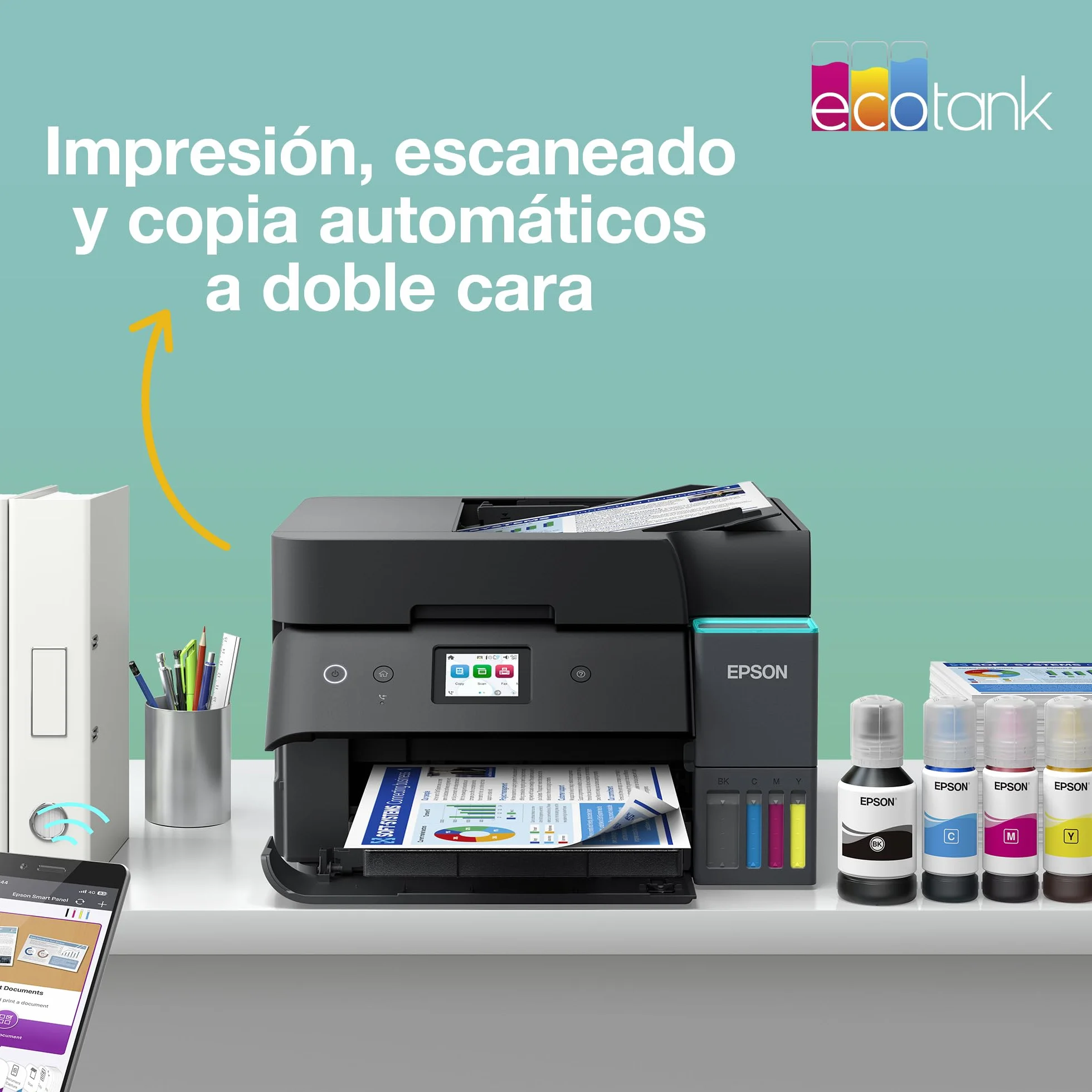 Epson EcoTank ET-4950 Impresora de Depósito de Tinta | Teletrabajo | Wi-Fi, Ethernet | A4 | Doble Cara | Imprime, Copia, Escanea, Fax | Pantalla Táctil 6,1cm | ADF | Tinta Incluida Para 3 Años