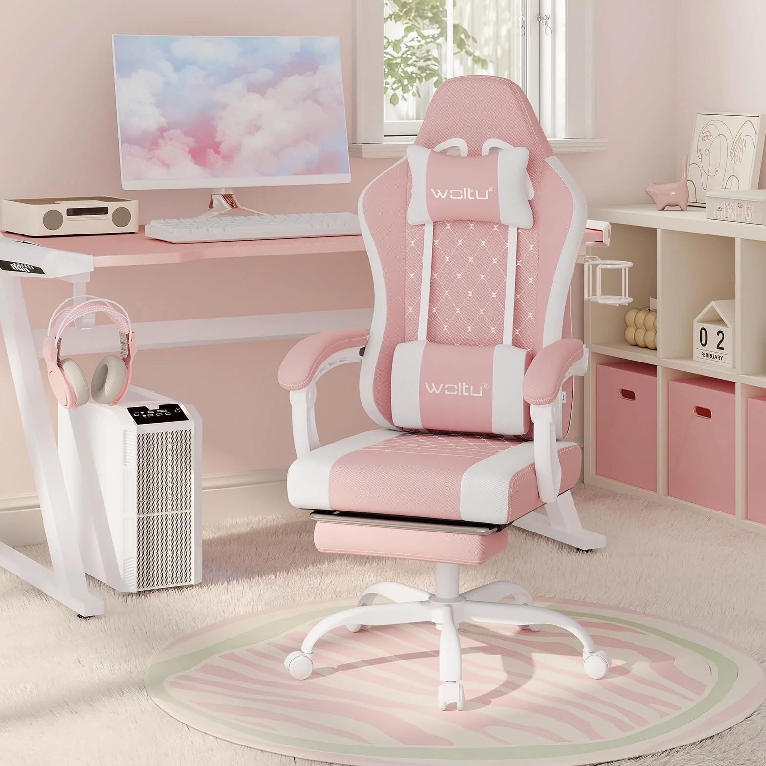WOLTU Silla de Gaming Ergonómica, Soporte Lumbar Masaje, Reposapiés Extraíble, 150 kg, Malla, Rosa+Blanco