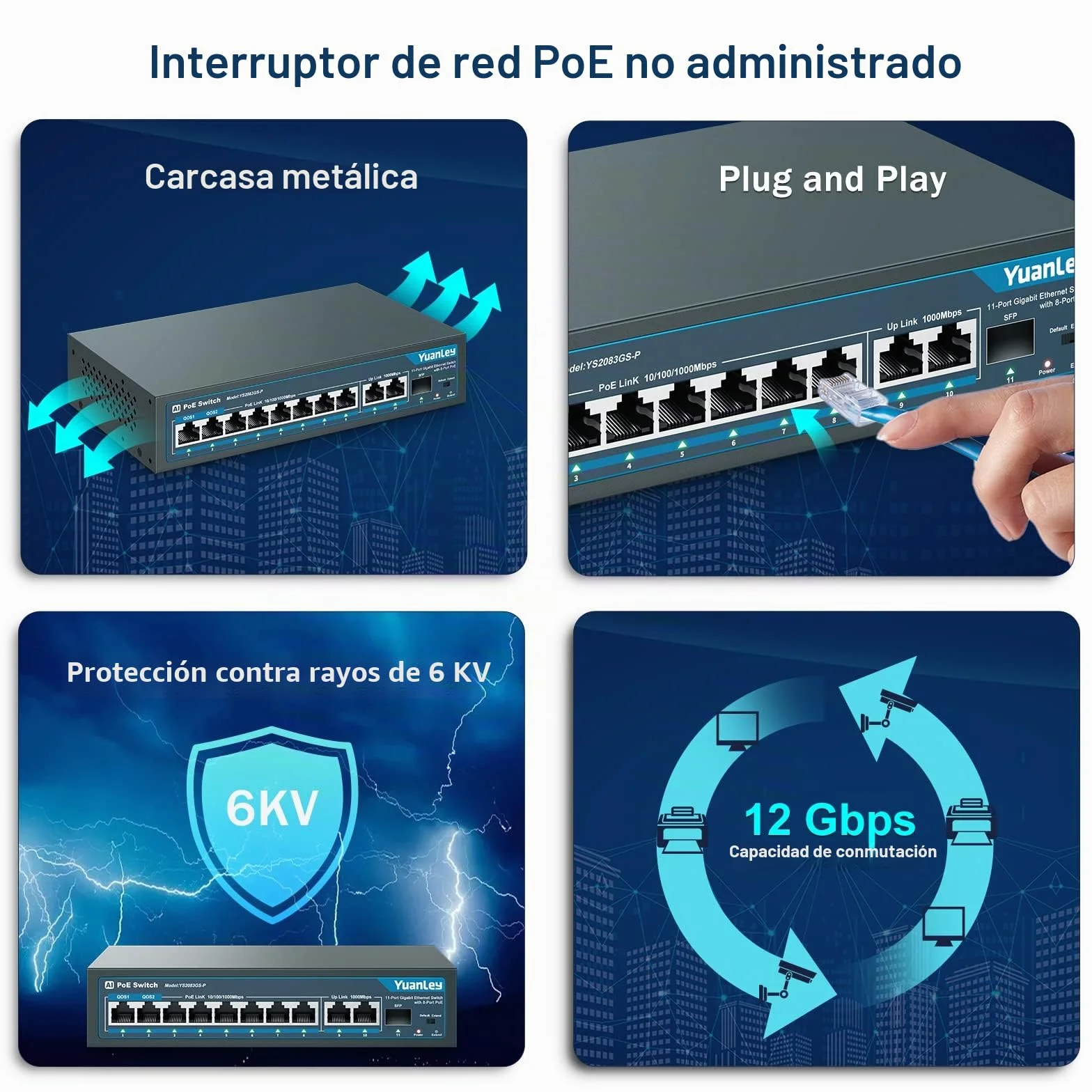 YuanLey 11 Puertos PoE Gigabit Switch, 8 Puertos PoE+, 2 Gigabit Uplink, 1 Puerto SFP, 120W 802.3af/at, Metal, Qos, Conmutador Ethernet de Detección Inteligente AI Plug and Play no Administrado