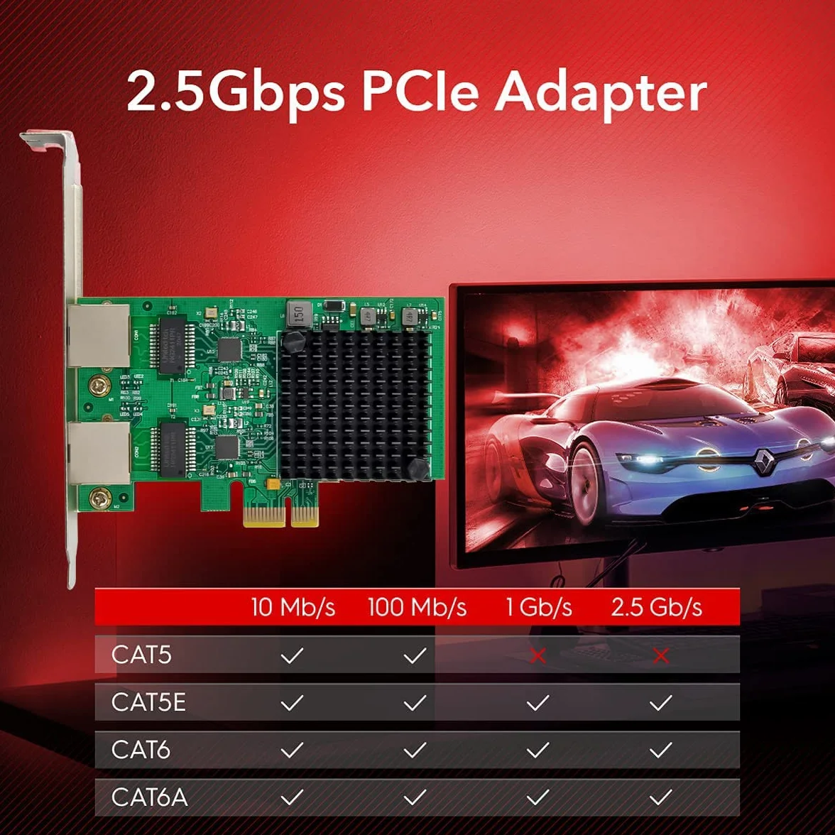 Adaptador de red PCIe de doble puerto 2.5GBase-T RTL8125B 2500/1000/100Mbps PCI Express Gigabit Ethernet NIC Controlador LAN RJ45