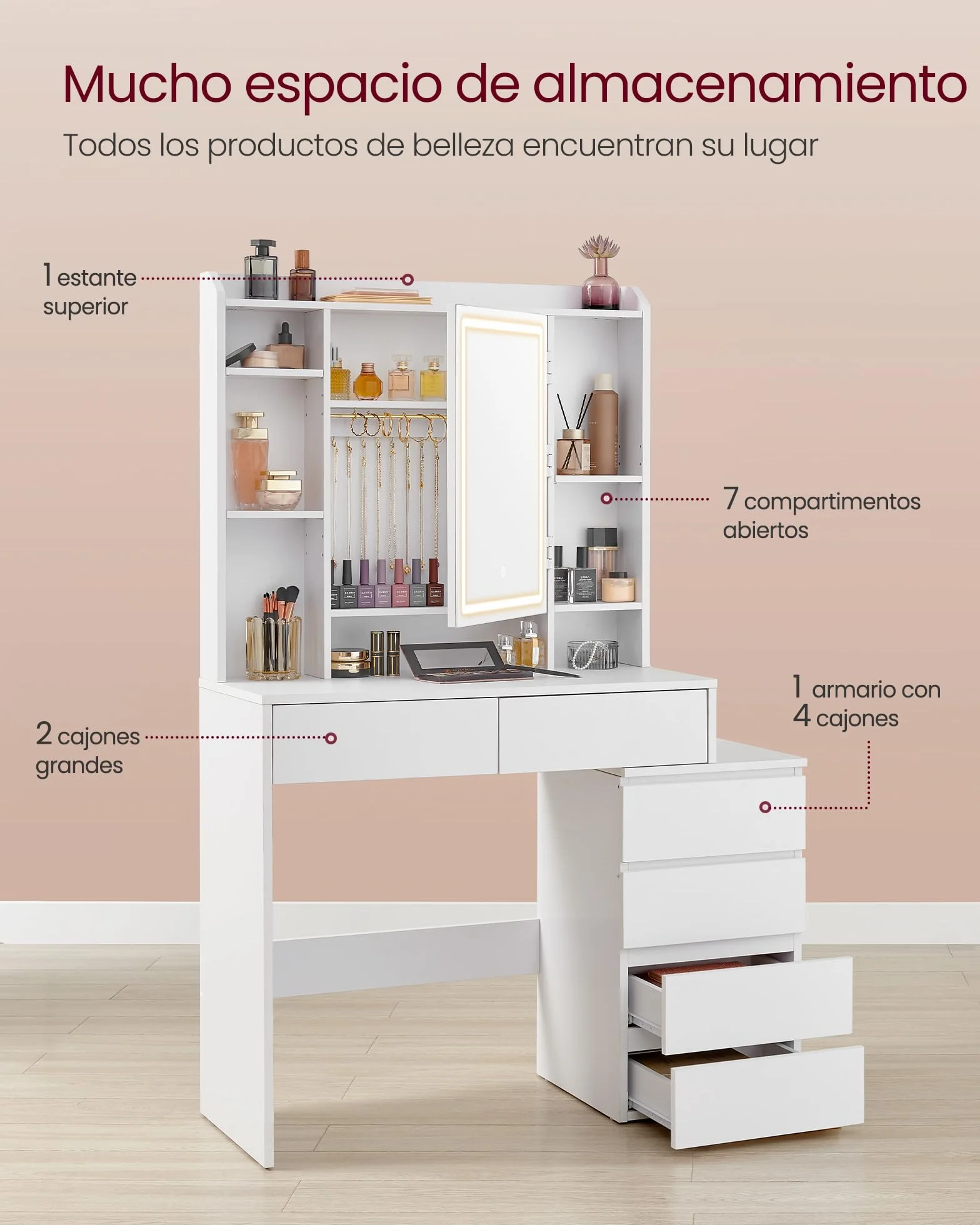 VASAGLE Kailyn Colección Tocador con Luces LED Mesa de Maquillaje con Espejo 40 x 97,5 x 145 cm Blanco Nube