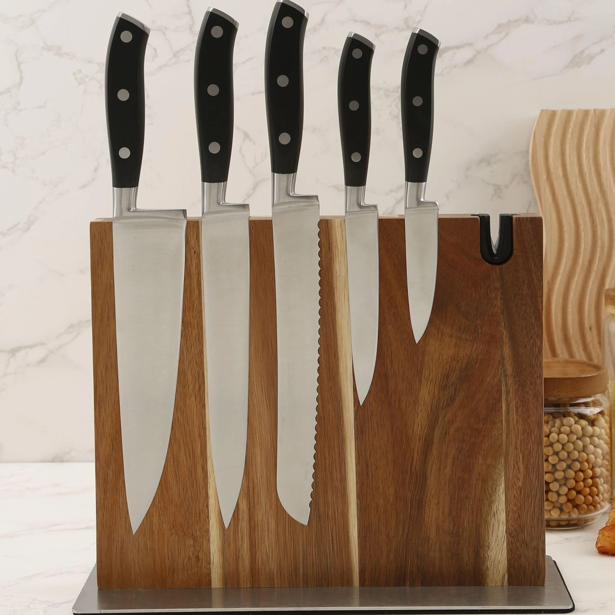 Soporte magnético cuchillos cocina XL con afilador integrado madera maciza Acacia