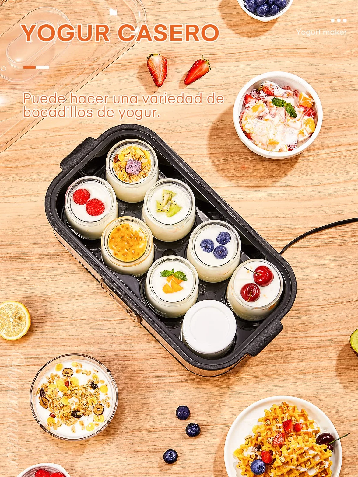 Yogurtera eléctrica con 8 vasos y tapas, Máquina de yogur griega, LCD pantalla ajustable, sin BPA