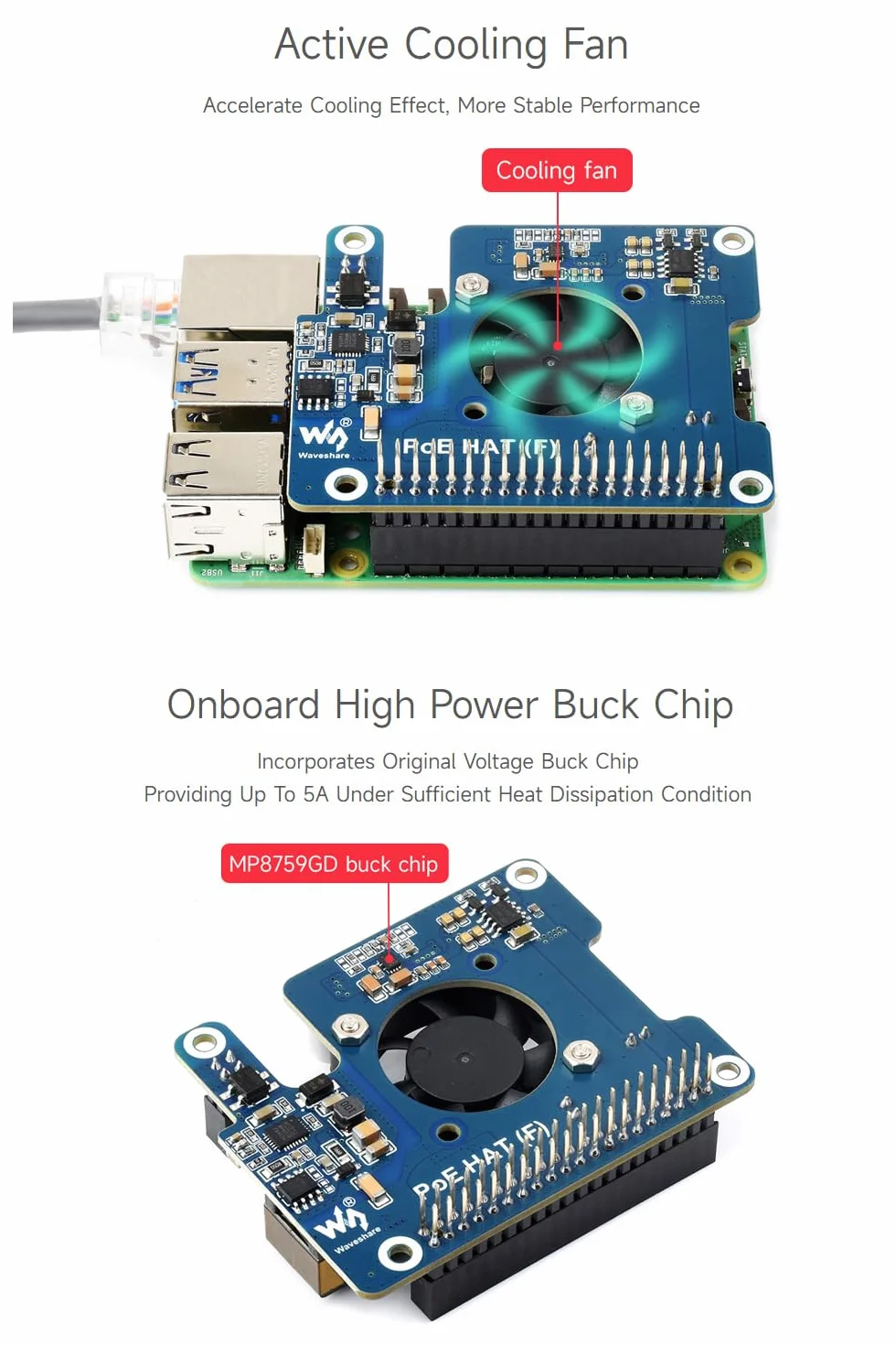 Waveshare PoE Hat (F) for Raspberry Pi 5, High Power, Onboard Fan, Metal Heatsink, 802.3af/at