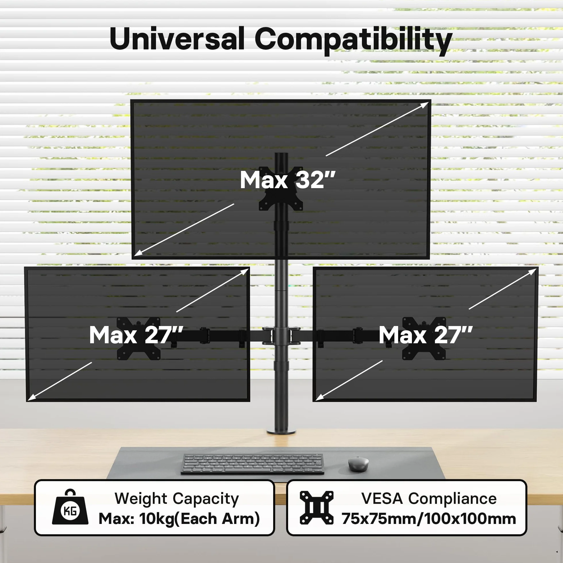 BONTEC Soporte para Monitor Triple, Para 1 Pantalla de 32 Pulgadas y 2 de 27 Pulgadas, Soporta 10 kg, Brazo con Ajuste de Movimiento Completo, VESA 75/100mm, Soporte de Escritorio para Oficina, Gaming