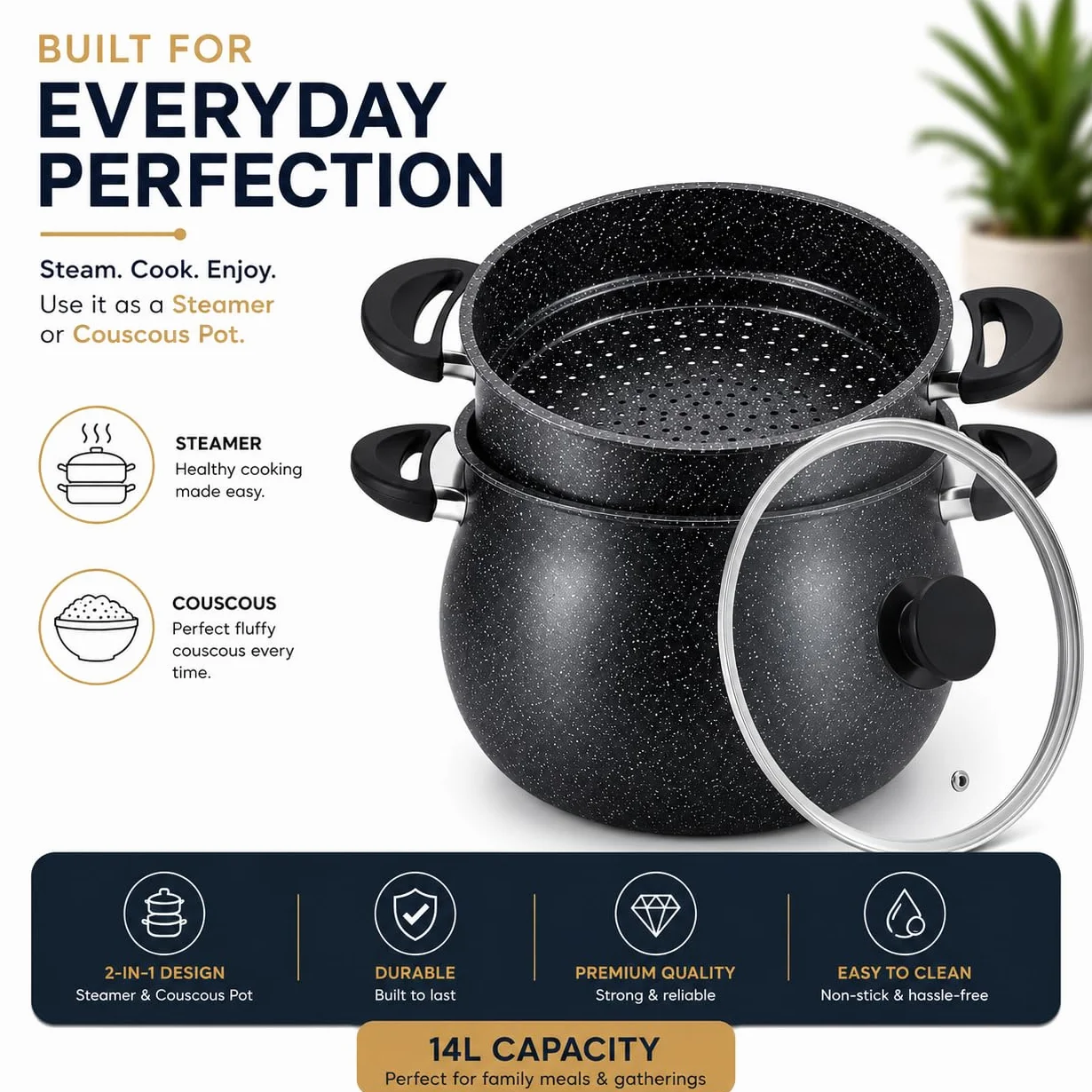 Royal Swiss Cuscoussier 30 cm 14L tapa de cristal revestimiento piedra antiadherente aluminio negro inducción olla vapor couscous verduras