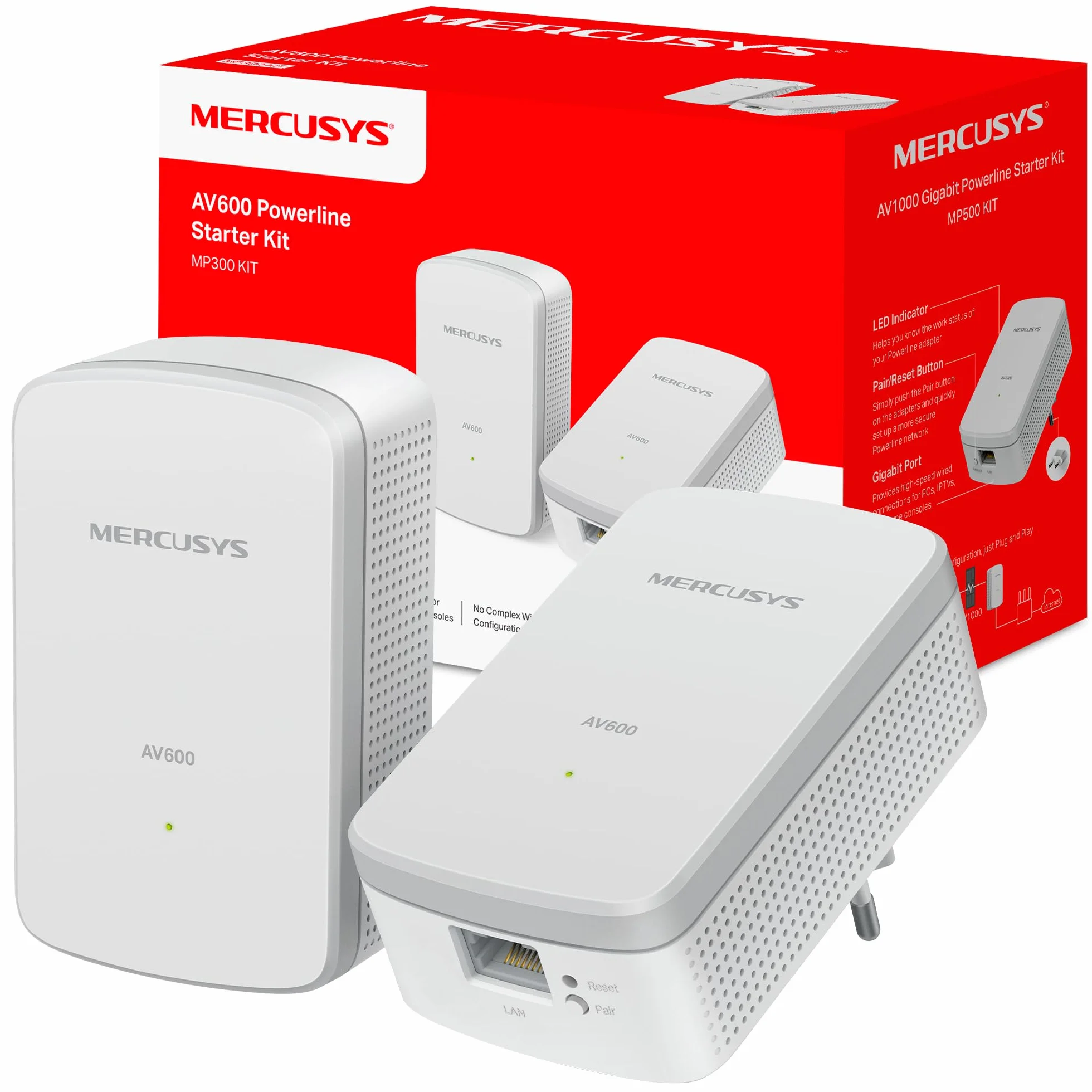 MERCUSYS MP300 Kit – Kit Powerline AV600, hasta 600 Mbps por Red eléctrica, Alcance de 300 m, Puerto Ethernet 10/100 Mbps, Plug and Play, Ahorro de energía hasta 85 %