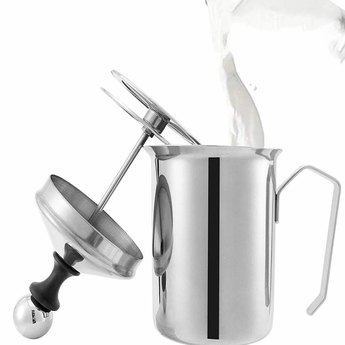 Lychee 800ml Batidora Espumadora de Leche Manual, Acero Inoxidable, Doble Colador para Espuma de Capuchino
