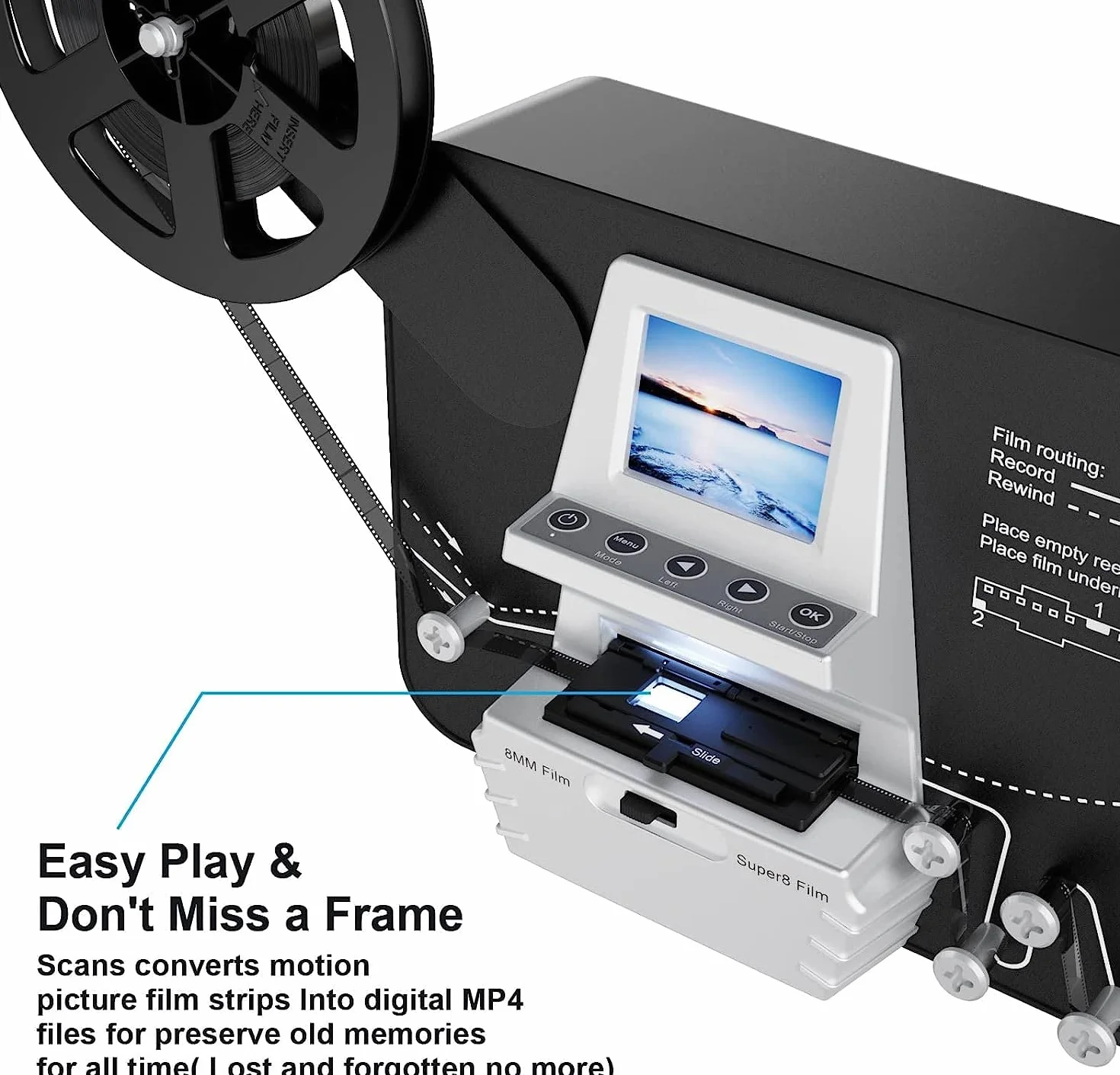 Escáner de películas Super 8/Normal 8 mm, Convert Film into Digital Video (3, 5, 7 y 9 "Rollo de película) Escáner y Digitalizador de películas con LCD de 2,4", 1080P y tarjeta SD de 32 GB