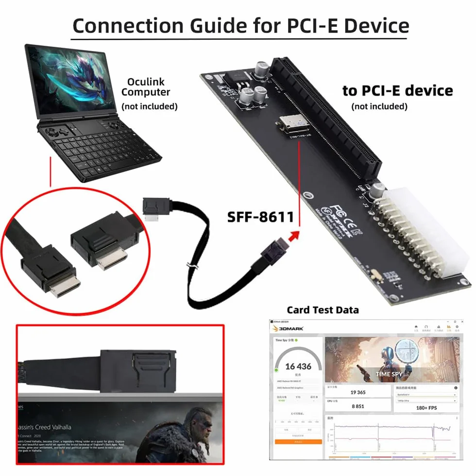 Cable activo de datos OcuLink PCIe 4.0 PCI-Express SFF-8611 4i a SFF-8611 en ángulo izquierdo de 90 grados para eGPU SSD de 50 cm