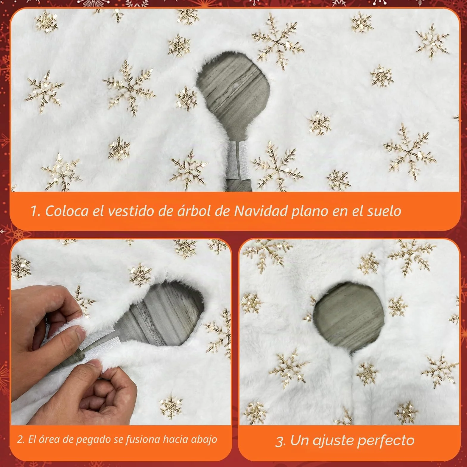 Falda del árbol de Navidad 90cm Doble Capa de Felpa Blanco Estampado Copo de Nieve Oro Decoración Navidad