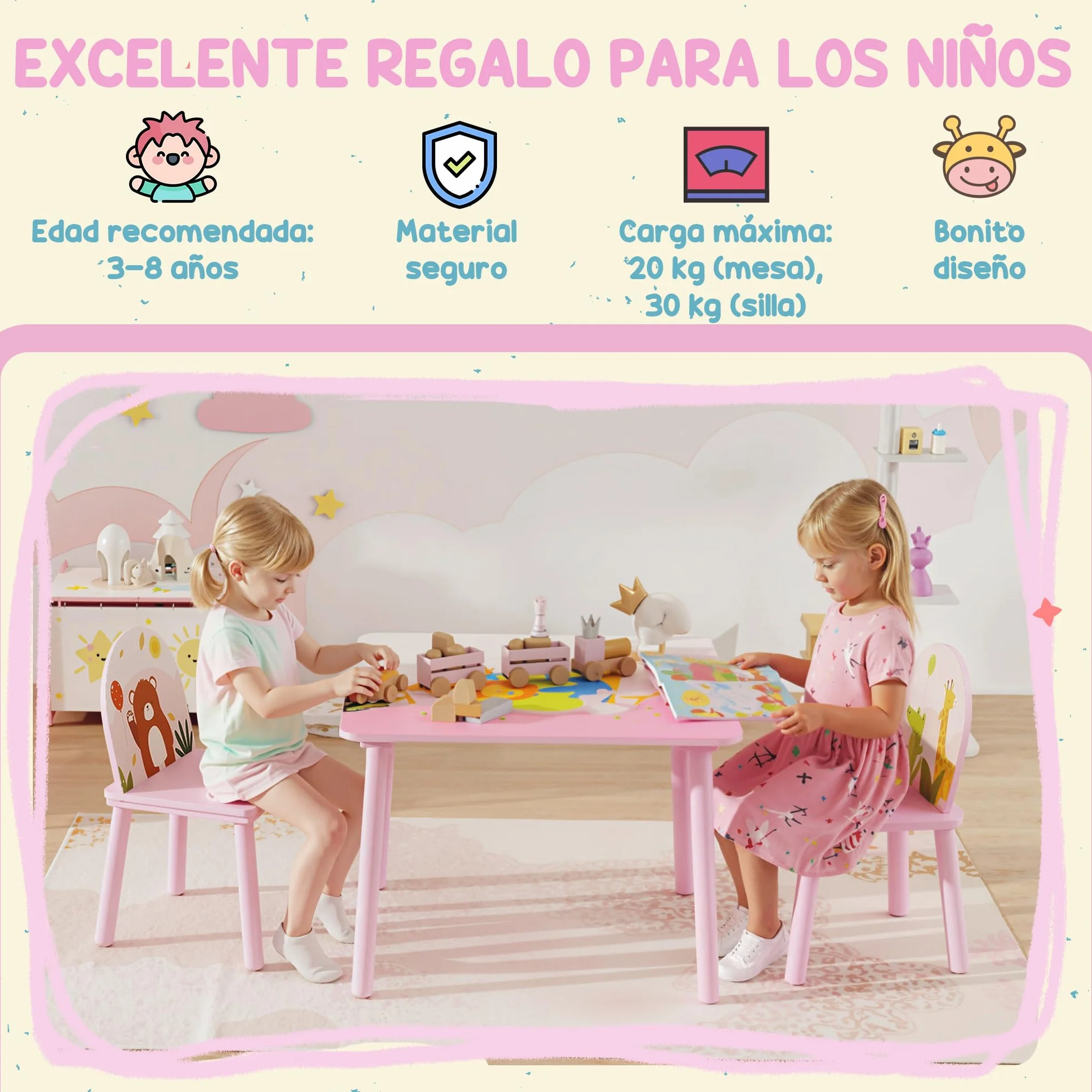 AIYAPLAY Mesa Infantil con 2 Sillas, Estampados de Animales, para Niños 3-8 Años, Hogar, Guardería, Rosa