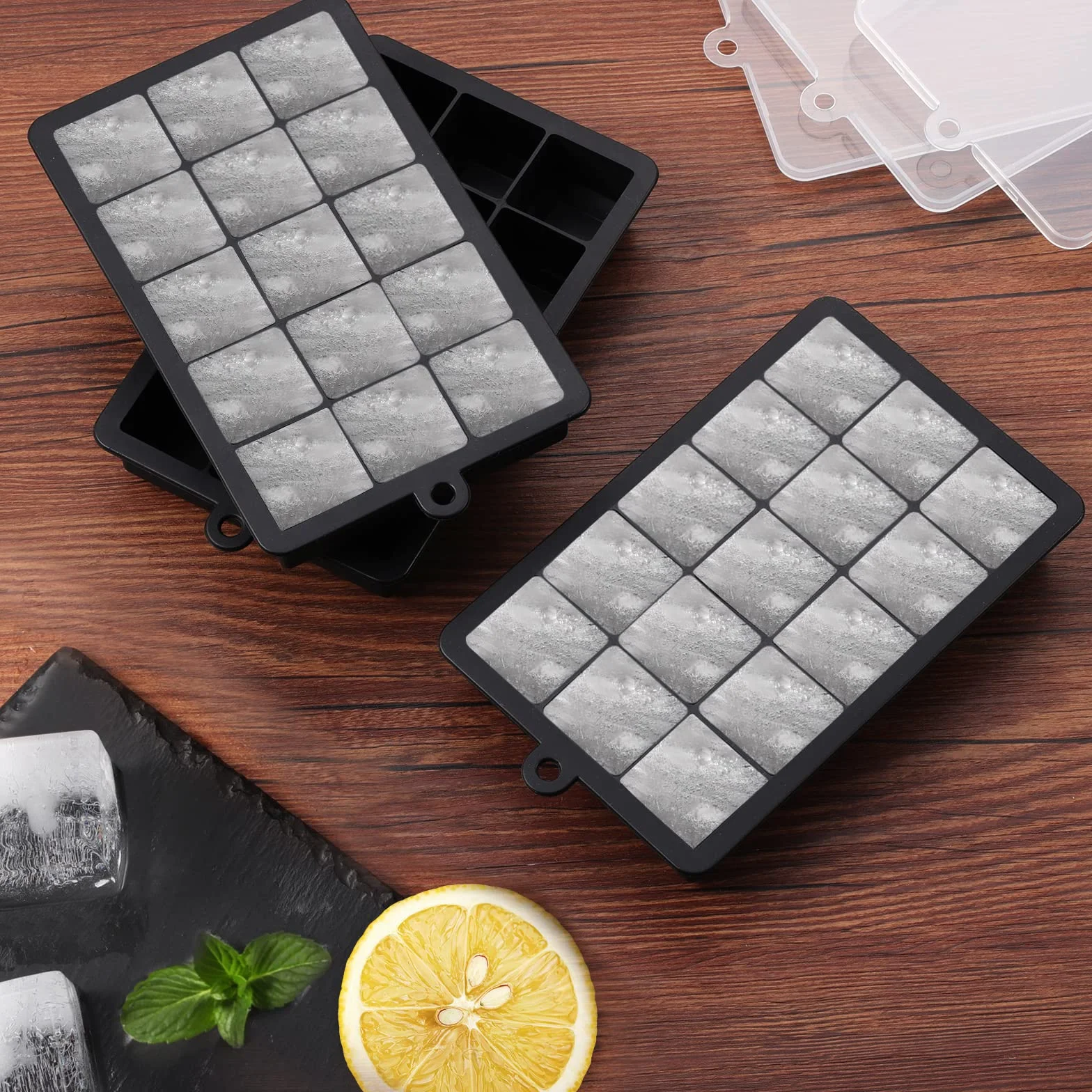 Bandejas de Cubitos de Hielo Silicona con Tapa, 3 Piezas, Moldes Cuadrados Grandes de 3,5cm, 45 Cubos