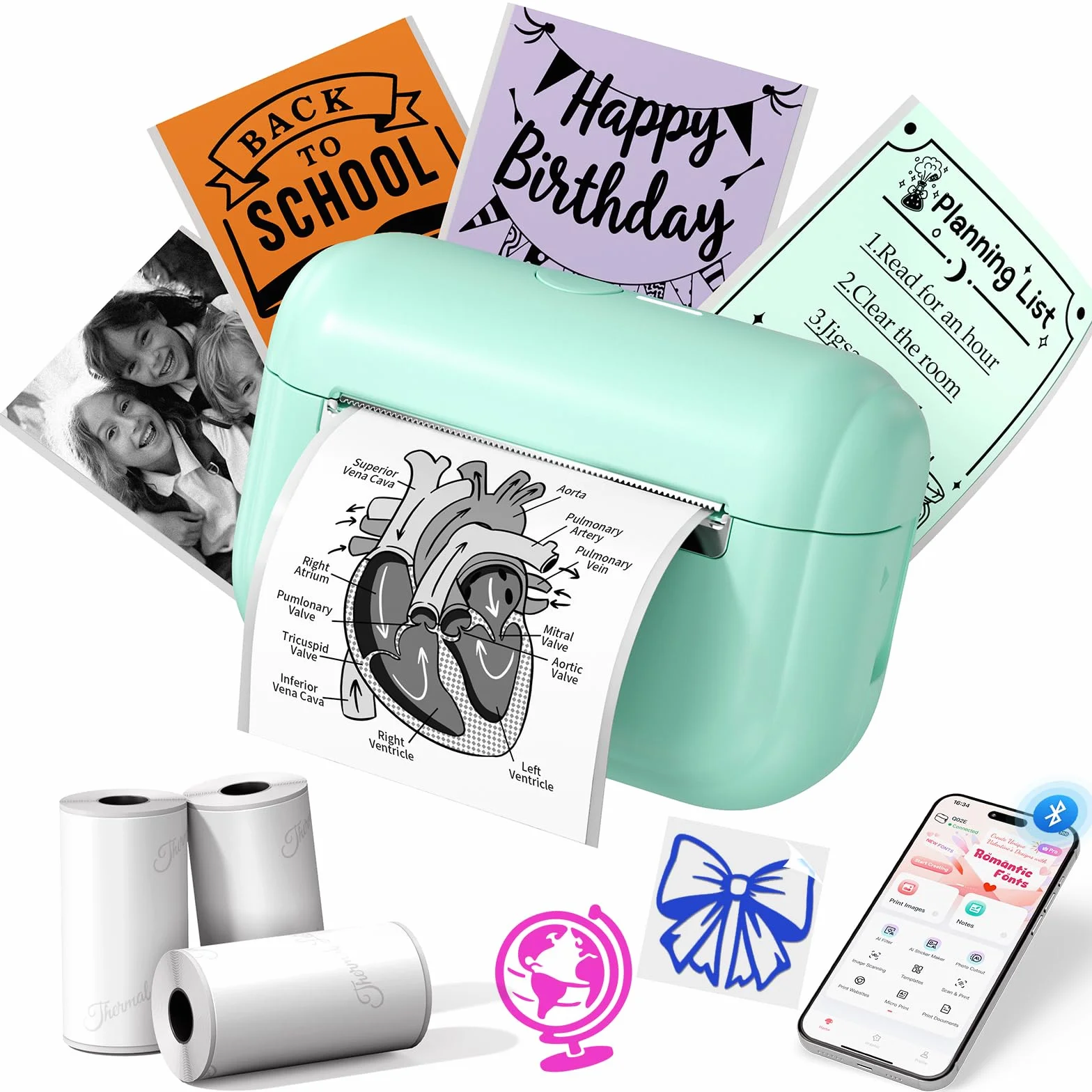Memoking Mini Impresora térmica portátil con 3 Rollos de Papel Adhesivo, Q02E Bluetooth Impresora de Pegatinas para Estudiantes, para Notas de Estudio, Fotos, creación, anatómicos, Regalo (Verde)