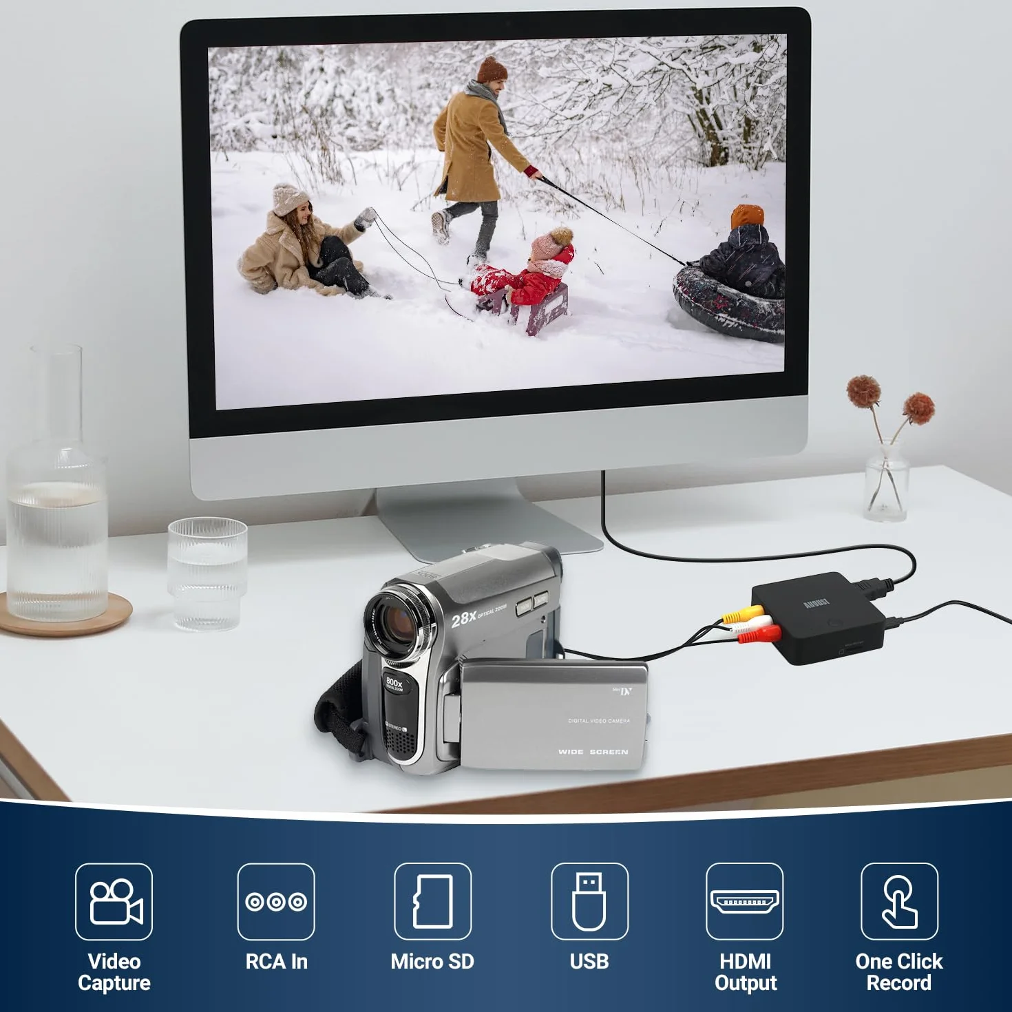August VGB400 Tarjeta capturadora de vídeo sin PC, Cable RCA para conversión de VHS a Digital, Hi8, Videocámara - Salida a HDMI, grabación en Micro SD o USB Máx. 64 GB - Negro