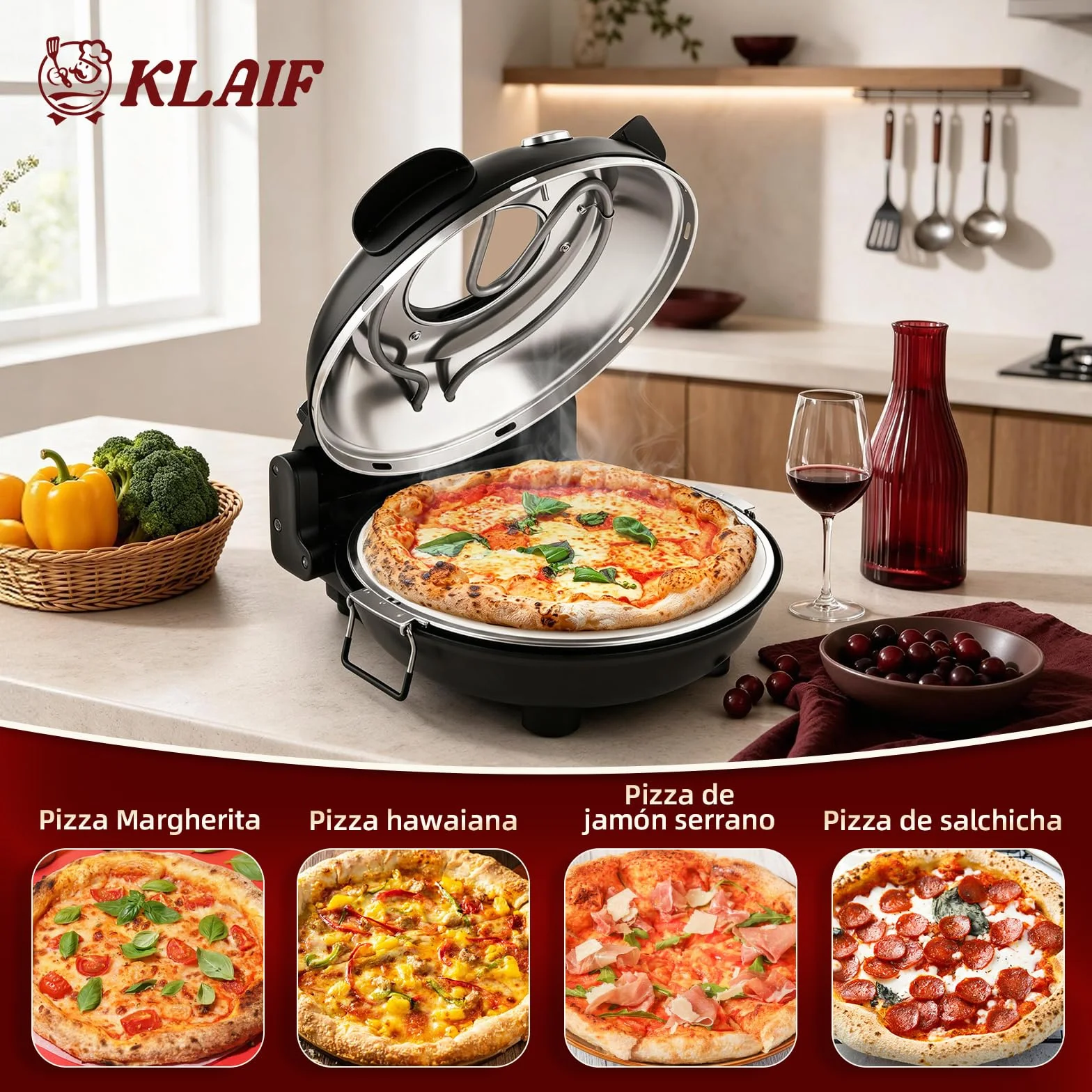 KLAIF Horno Eléctrico para Pizza 420 °C, 1200 W, Piedra de Cerámica 31 cm, Calor Regulable, Compacto, LM-negro