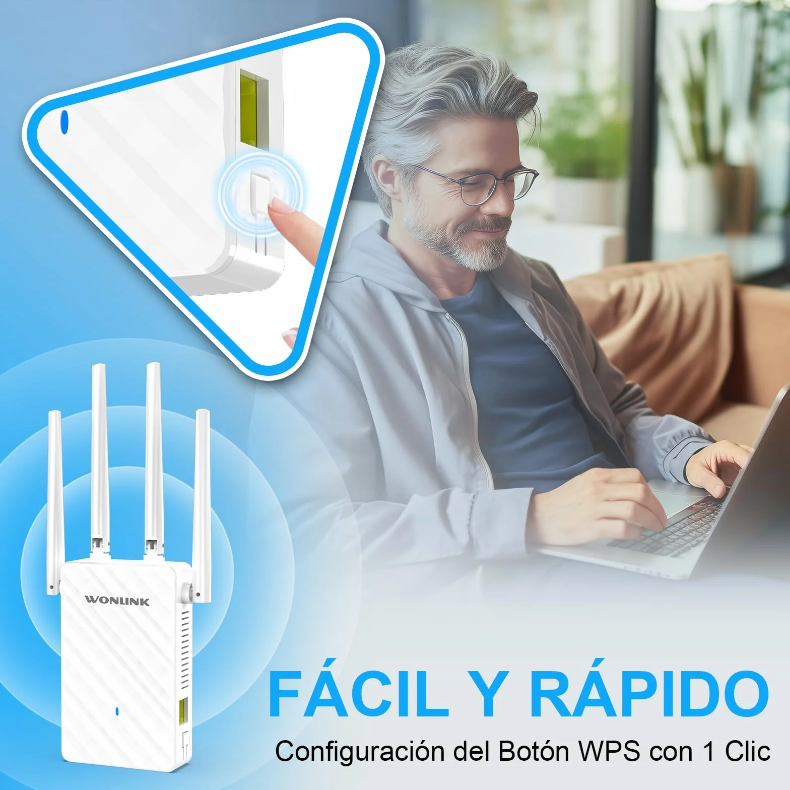 Amplificador Señal WiFi, AC1200Mbps Repetidor WiFi Doble Banda 2.4G/5G con 4 Antenas Externas - 3 Modos (Repetidor/Router/Ap), Puerto Ethernet, WPS Botón, MU-MIMO, Luz Indicadora, Enchufe EU