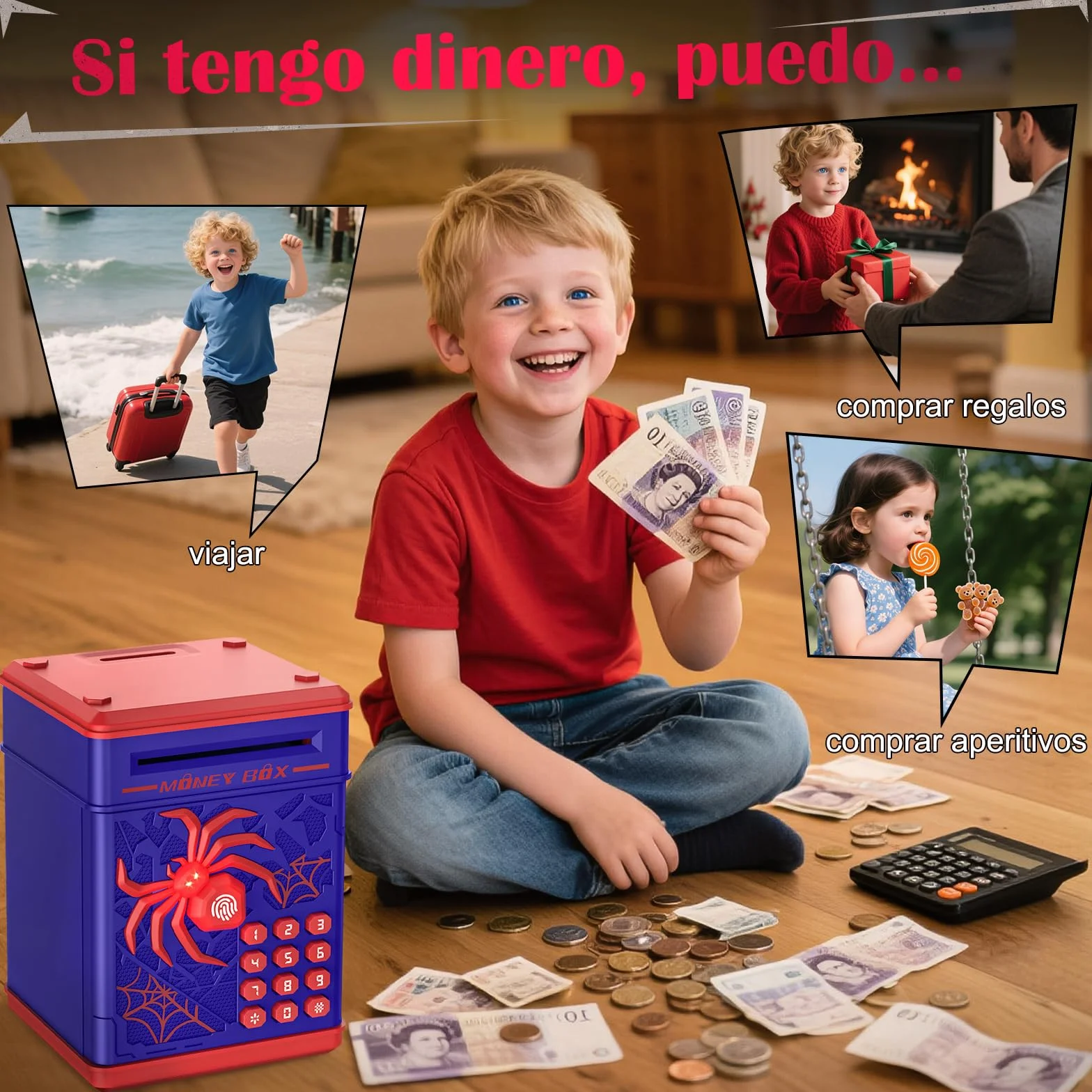 Yellcetoy Hucha Electrónica para Niños, Spider Caja Fuerte con Código de Seguridad y Música, Regalos 3-7+ Años Azul