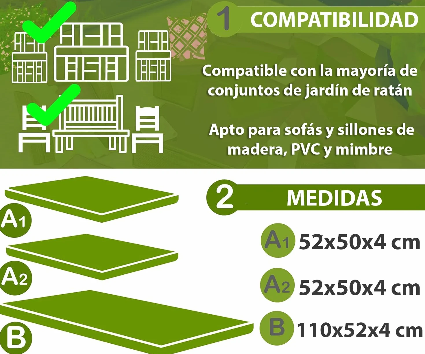 Set de 3 Cojines de Exterior para Sillones y Sofá de Jardín – Desenfundables con Cremallera, Resistentes, Verde Maranza