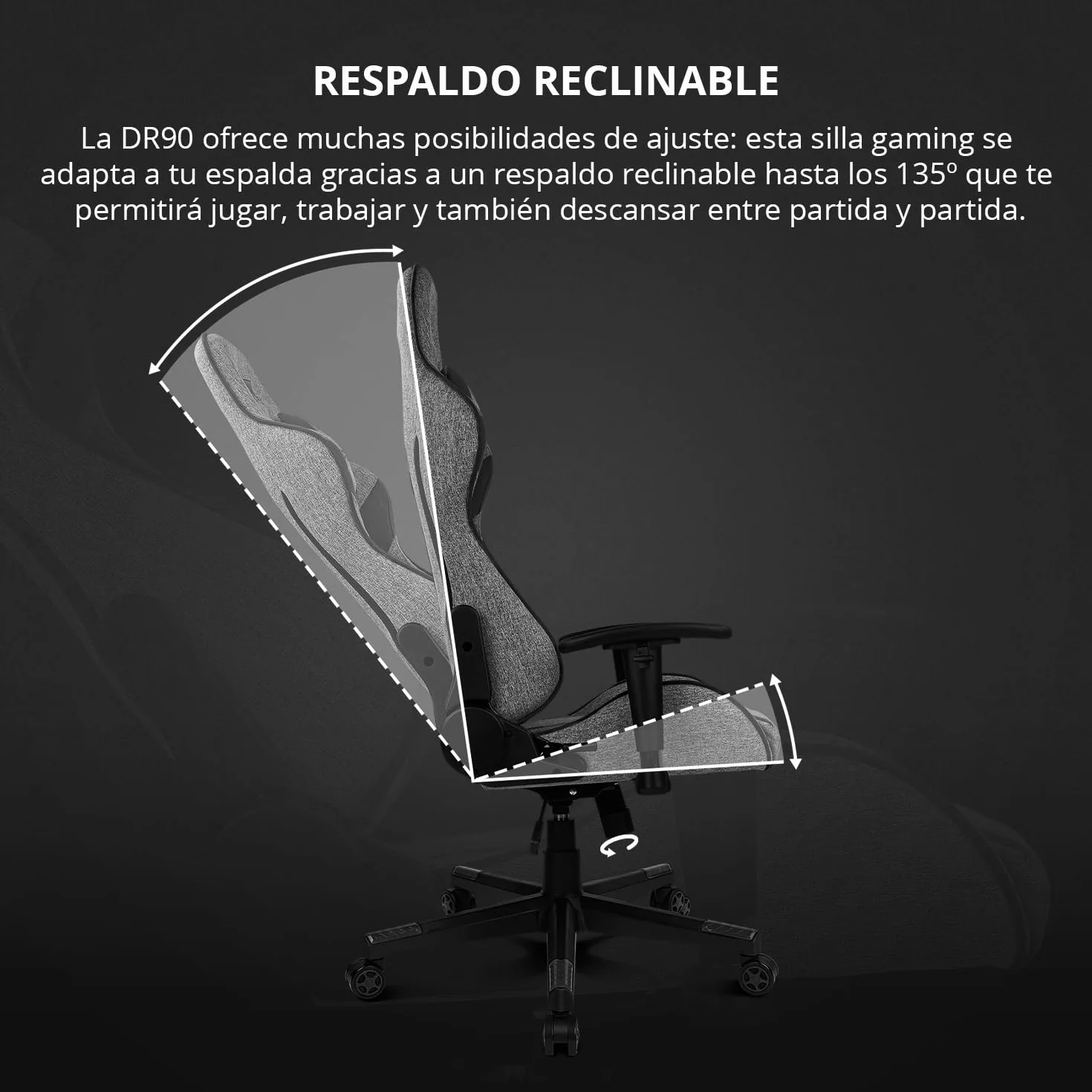DRIFT GAMING DR90 Silla Gaming Ergonómica Respaldo Reclinable 135° Brazos 2D Ajustables Tejido Transpirable Base Nylon Pistón Gas Clase 4 Gris/Negra
