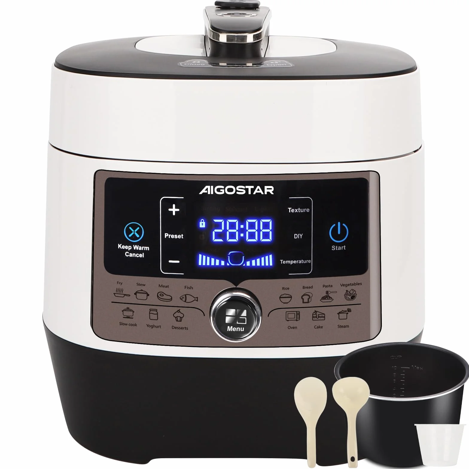 Aigostar Olla a Presión 5.5L 1000W, Antiadherente, 14 Funciones, Temporizador 24H, Blanco