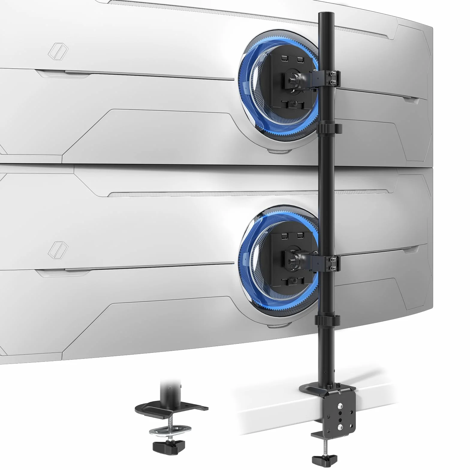 Soporte Monitor para 2 Pantallas 17-49 Pulgadas – Brazo Doble Ajustable en Altura, VESA 75x75 / 100x100, Inclinable, Giratorio, Ahorra Espacio, Negro