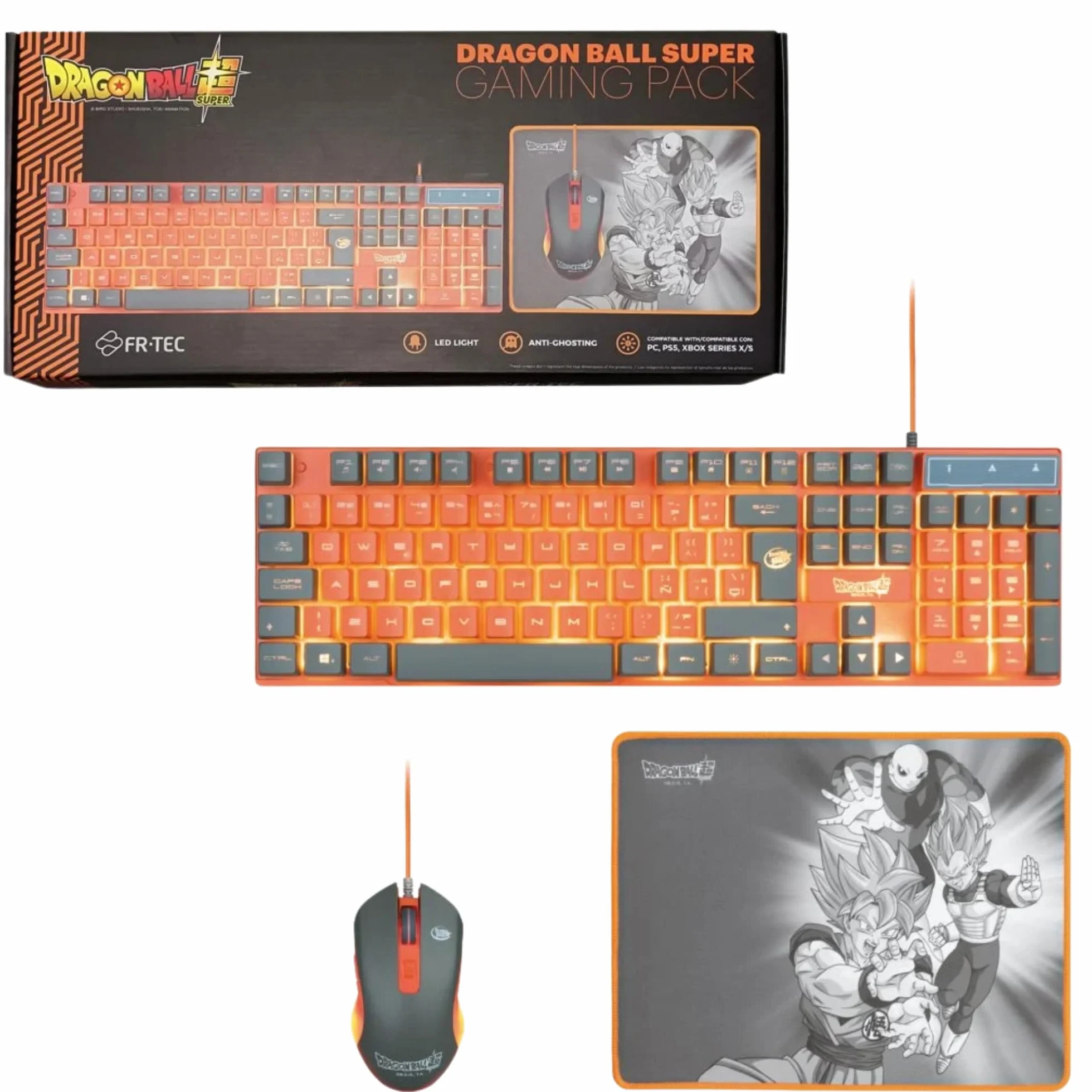 Pack Gaming D.B.Super | Teclado, Ratón, Alfombrilla | Iluminación LED, Membrana Plug & Play | Diseño QWERTZ | Edición Oficial