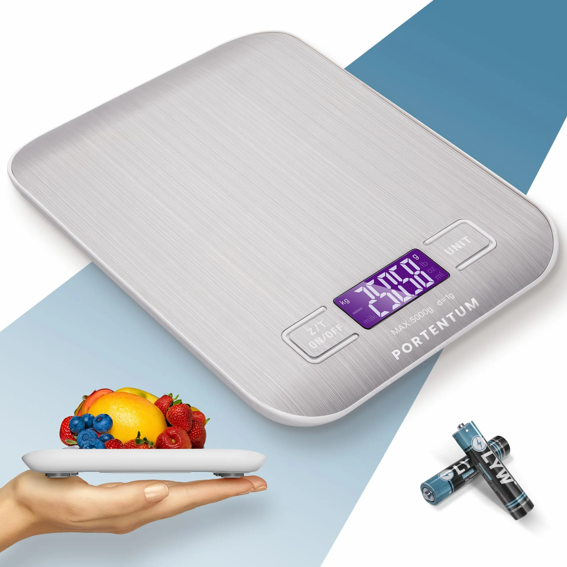 PORTENTUM Peso de Cocina con Pantalla LCD, Acero Inoxidable, Balanza cocina precisa de 1 gramo a 5 kg/11 lbs, Plata