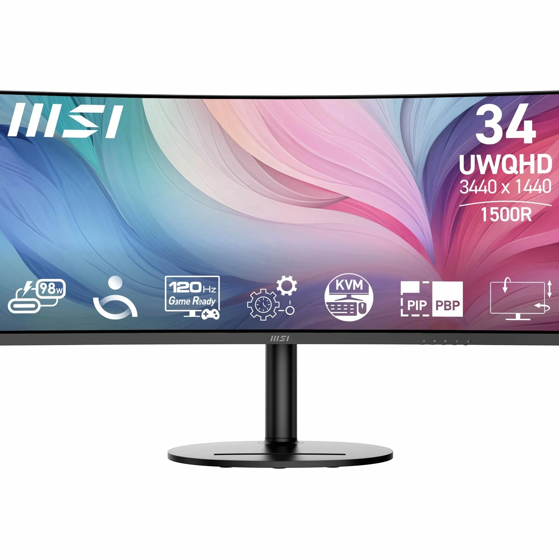 MSI Modern MD342CQP Monitor Curvo de 34'' UWQHD 1500R - Panel VA 3440 x 1440, KVM, Pip/PBP, Amplia, Altavoces Integrados, Ajustable en 3 direcciones - HDMI 2.0b, DisplayPort (1.4a)