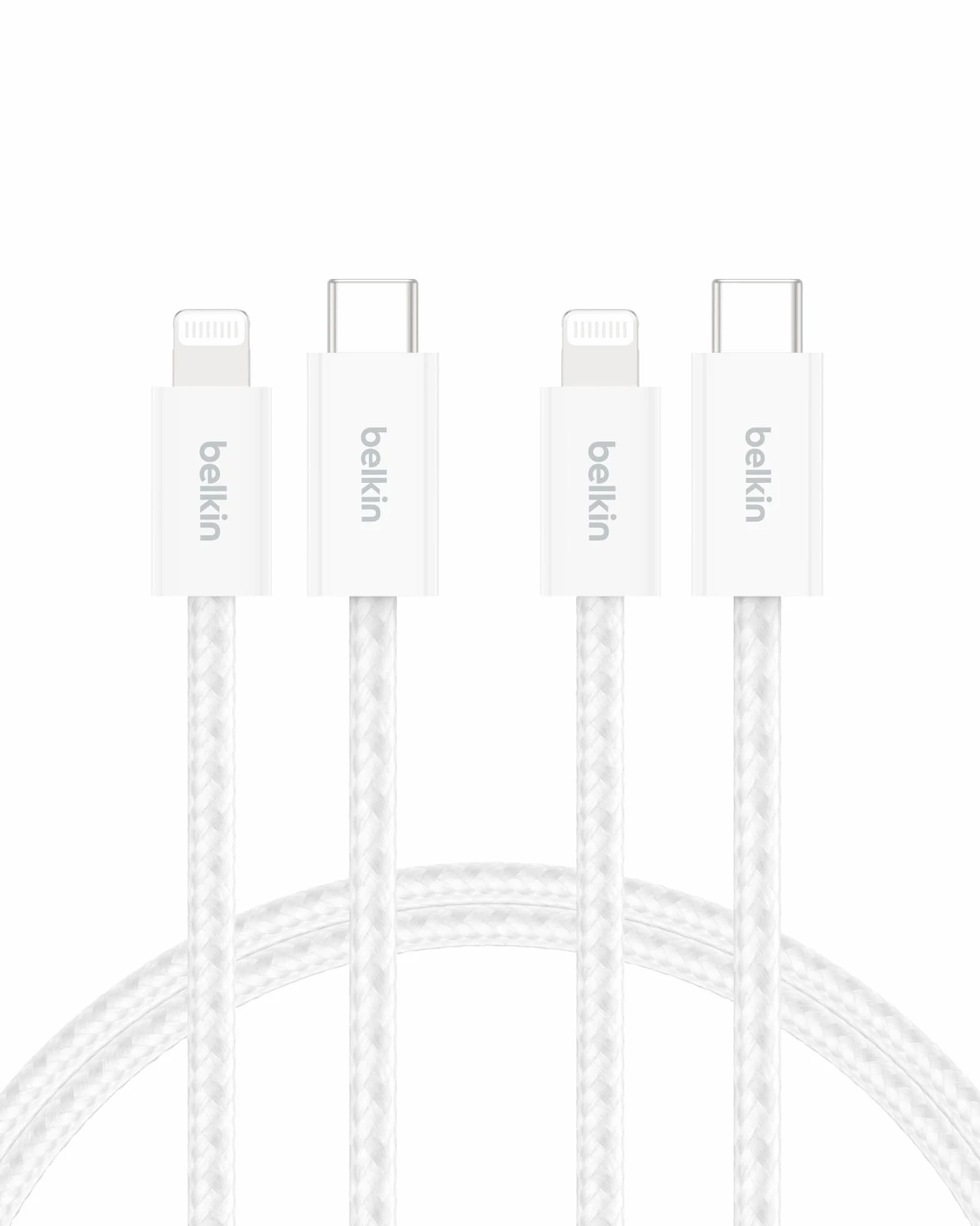 Belkin Paquete de 2 Cables Trenzados USB-C con conector Lightning de 1,5 m, carga rápida, cables de alimentación suaves y flexibles, iPhone 14 y anteriores, iPad de 9.ª generación y AirPods, Blanco