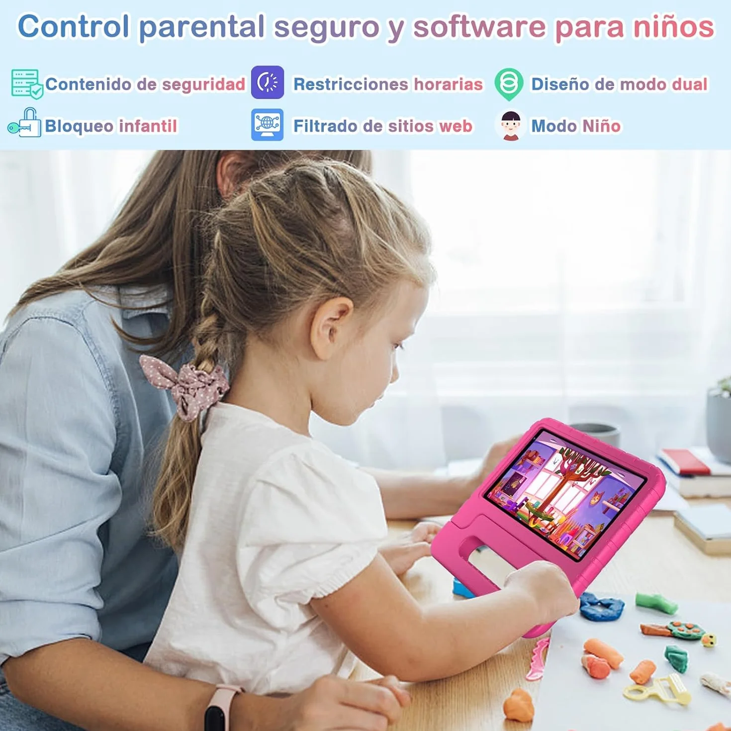 Tablet para Niños 7 Pulgadas,Android Niños Tablet, 10GB RAM + 64GB ROM/TF 512GB, Kids Educativos | Control Parental | Octa-Core 1.8GHz | 5G WiFi 6 | Cámara Dual | BT5.0,con Funda EVA Rojo