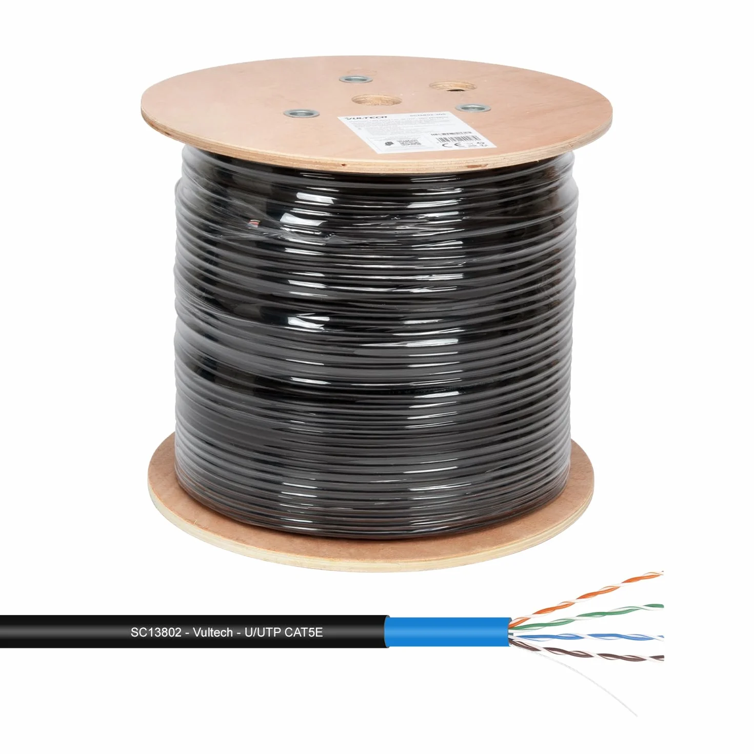 VulTech SC13802-305 Bobina Bobina Lan Cat 5e UTP 305 metros 24AWG para exterior doble vaina PE+LSZH Ethernet cable red instalaciones alta velocidad 1Gbps protección contra rayos UV/agua 100Ohm, 100Mhz