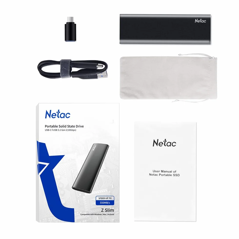Netac 1TB Disco Duro Externo SSD USB 3.2 Tipo-C Gen 2 Portátil Unidad de Estado Sólido,Negro