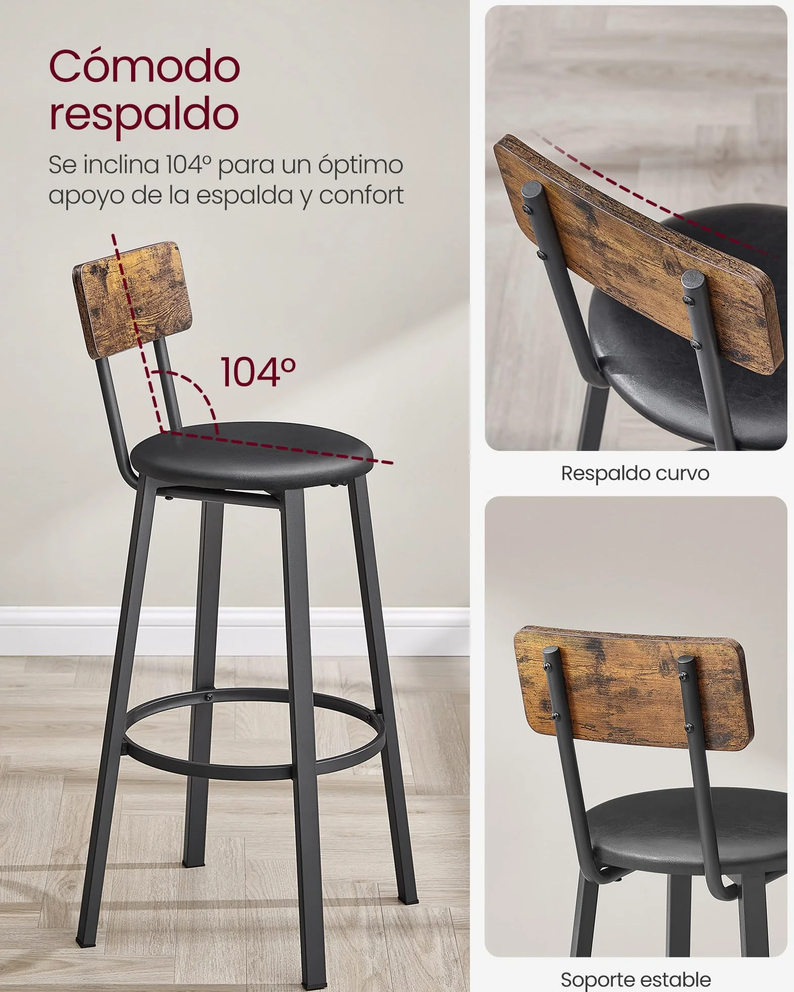 VASAGLE Taburetes de Bar Juego de 2 Tapizados de PU con Reposapiés Marrón Rústico y Negro Tinta