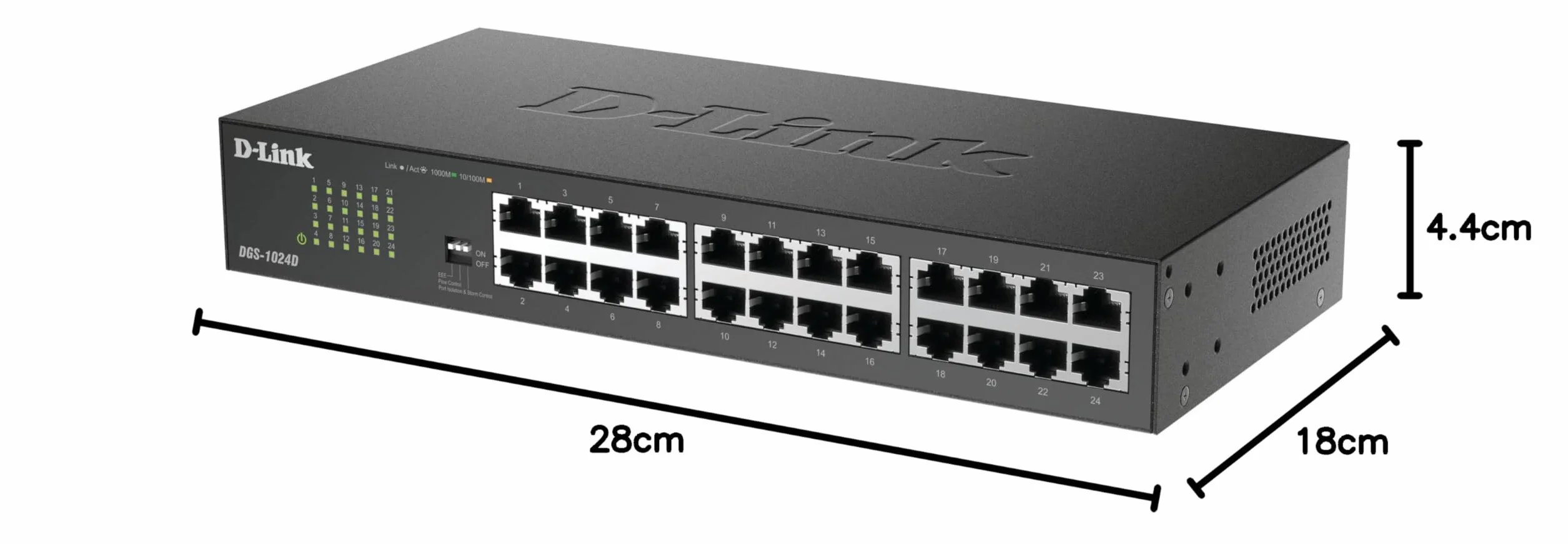 D-Link DGS-1024D - Switch 24 Puertos Gigabit (LAN RJ-45, sin gestión, 1000 Mbps por Puerto, QoS, Carcasa metálica, Montaje en Rack para pymes) Color Negro y Plata