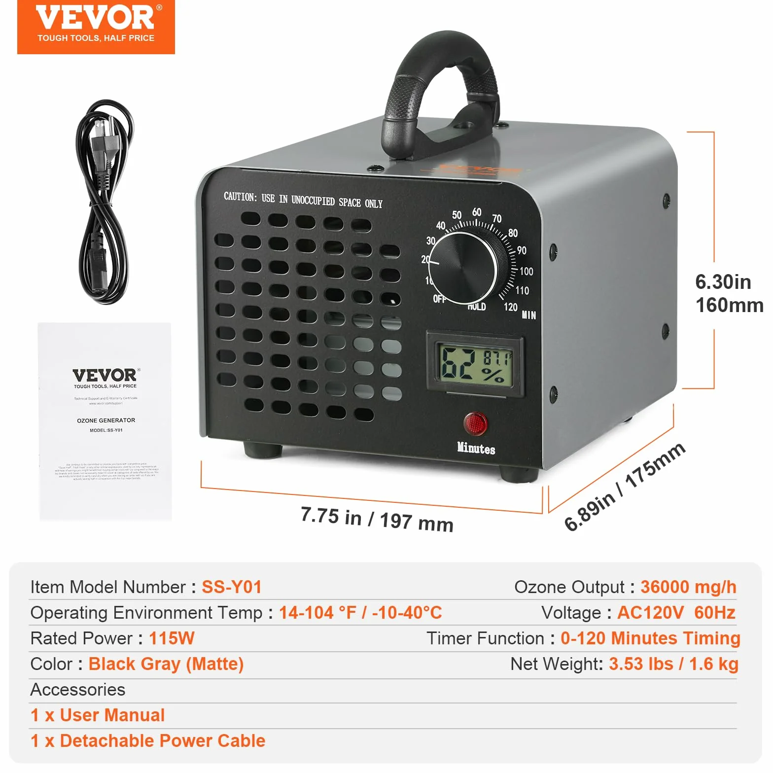 VEVOR Generador de Ozono Purificador de Aire 36000 mg/h O3 115 W Comercial Industrial Temporizador 0-120 min