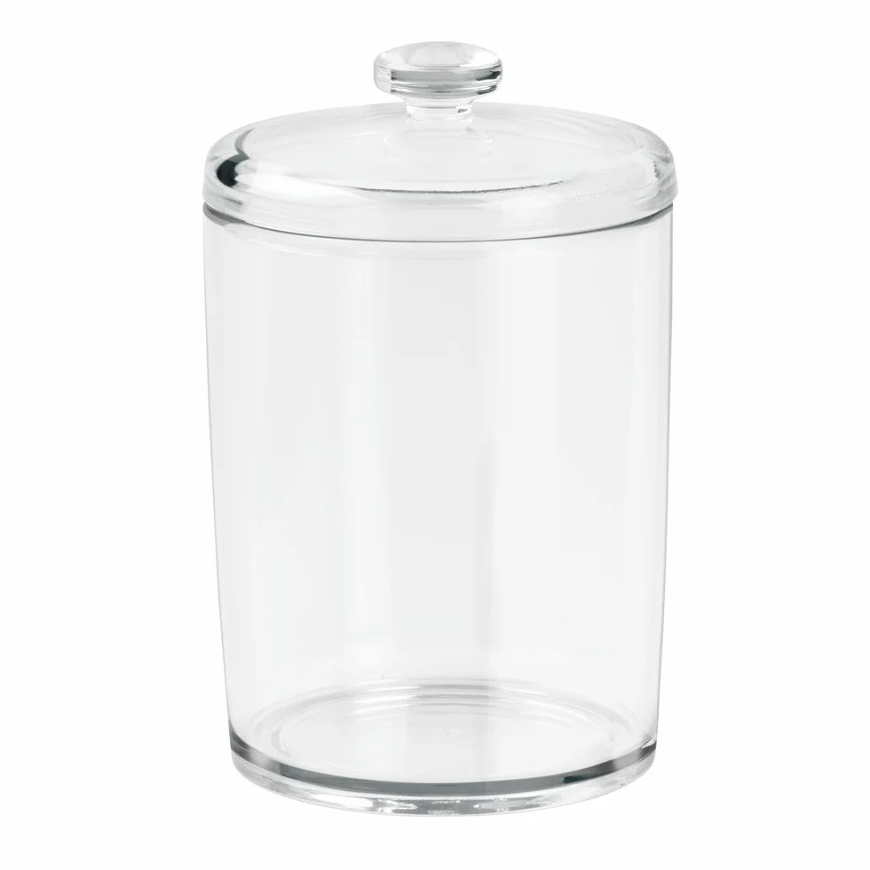 iDesign Bote de plástico con tapa, pequeño algodonero para el tocador y el baño, tarro para discos desmaquillantes y bastoncillos de algodón, transparente