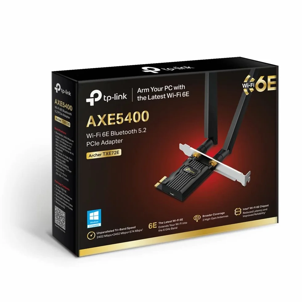 TP-Link Archer TXE72E - Tarjeta PCIe WiFi 6E AXE5400 Mbps con Bluetooth 5.3 para PC, Triple Banda (2.4G/5G/6GHz), Antenas de Alta Ganancia, Compatible Windows 11/10, WPA3