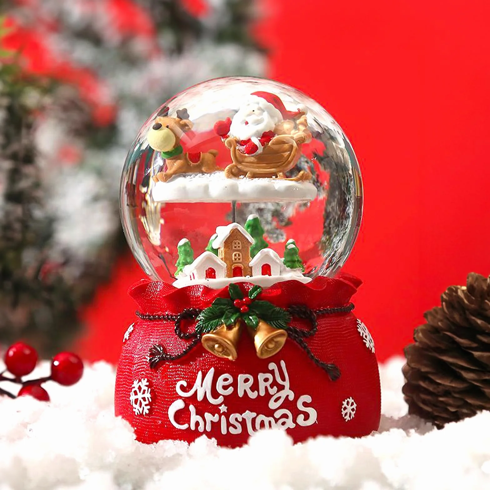 Bola de Nieve Navidad Papá Noel Renos Ø 8,5x13,5cm Música Luces Cristal Decoración