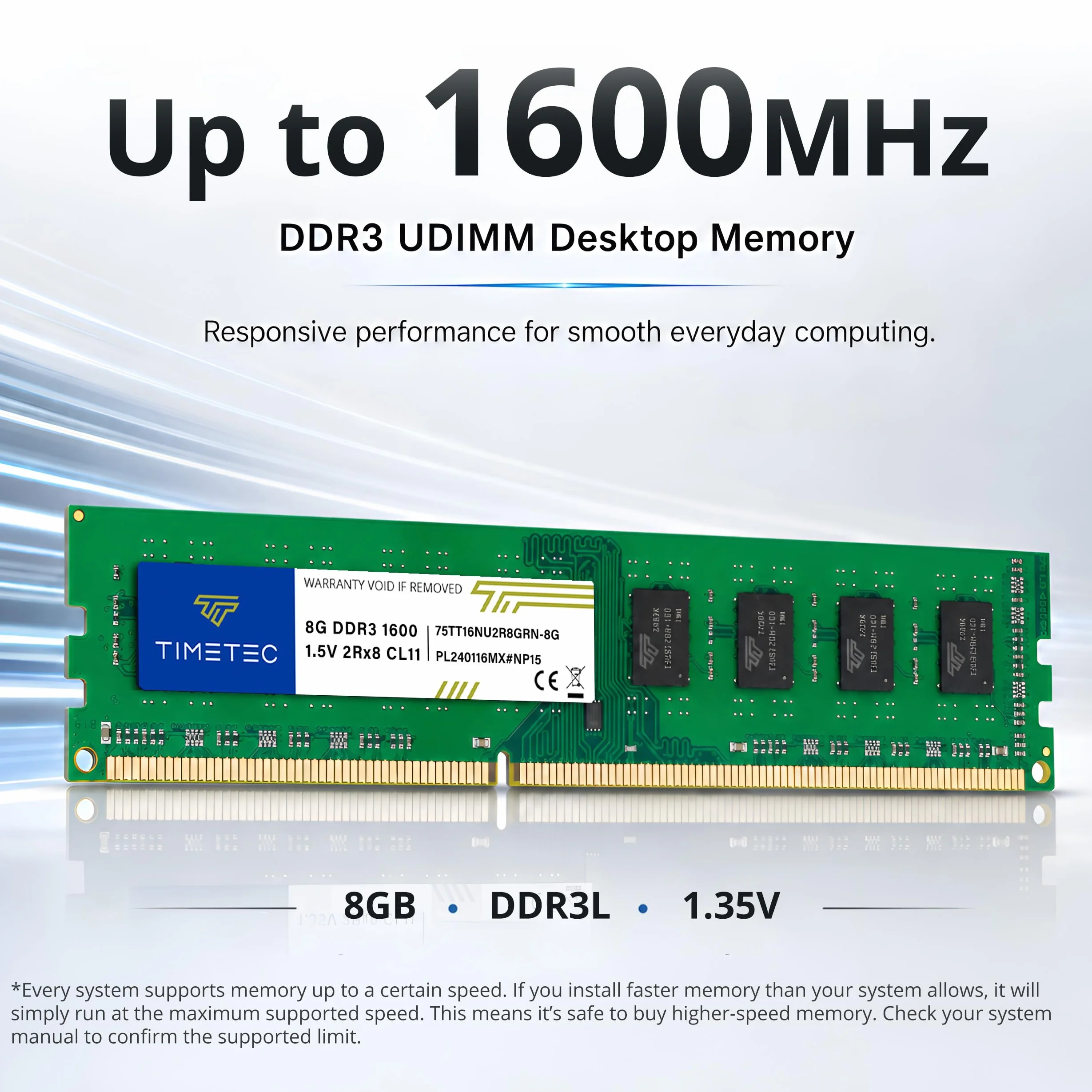 Timetec 16GB Kit(2x8GB) DDR3 1600 MHz (DDR3-1600) PC3-12800 (PC3-12800U) no ECC sin búfer 1.5 V CL11 2Rx8 Dual Rank 240 Pines UDIMM computadora de Escritorio RAM (SDRAM) módulo