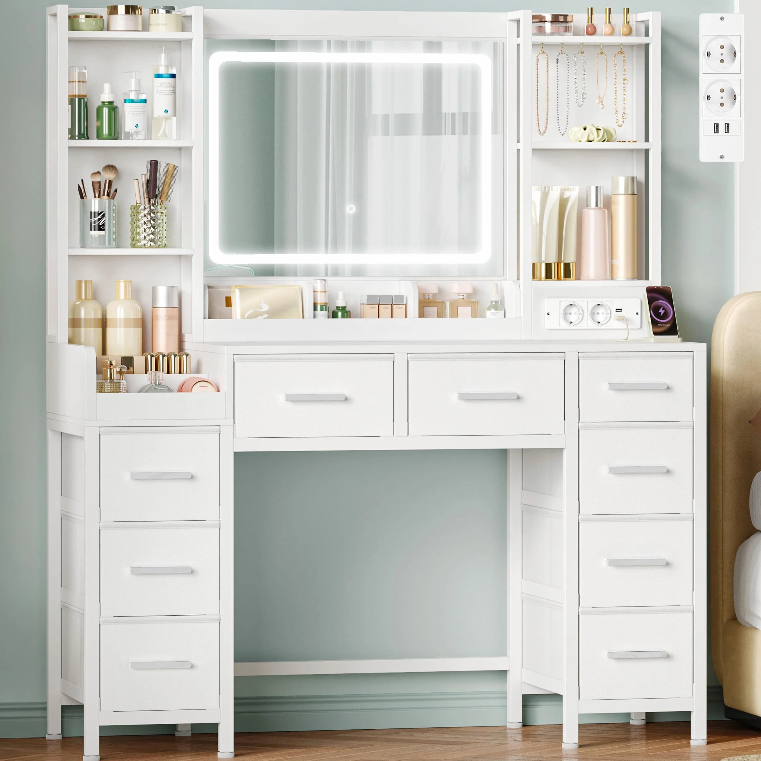 Hzuaneri 120 cm Tocador con Espejo LED, Mesa de Maquillaje con Tomas de Corriente, 9 Cajones, Blanco
