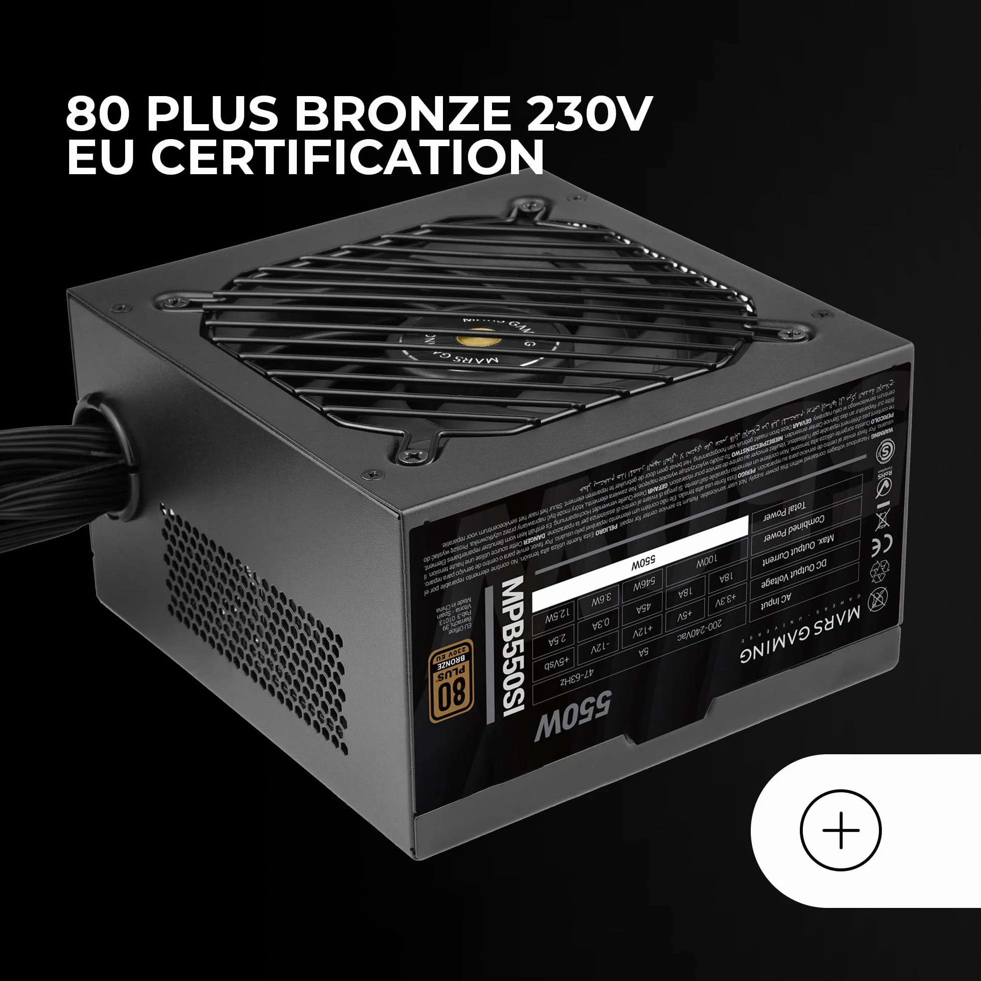 Mars Gaming MPB550SI, Fuente Alimentación ATX 550W, 7 Años Garantía, 80Plus Bronze 230V, 90% Eficiencia, Ventilador SI Extreme Silence, Tecnologías AI2-RPM,Condensadores Japoneses, Negro
