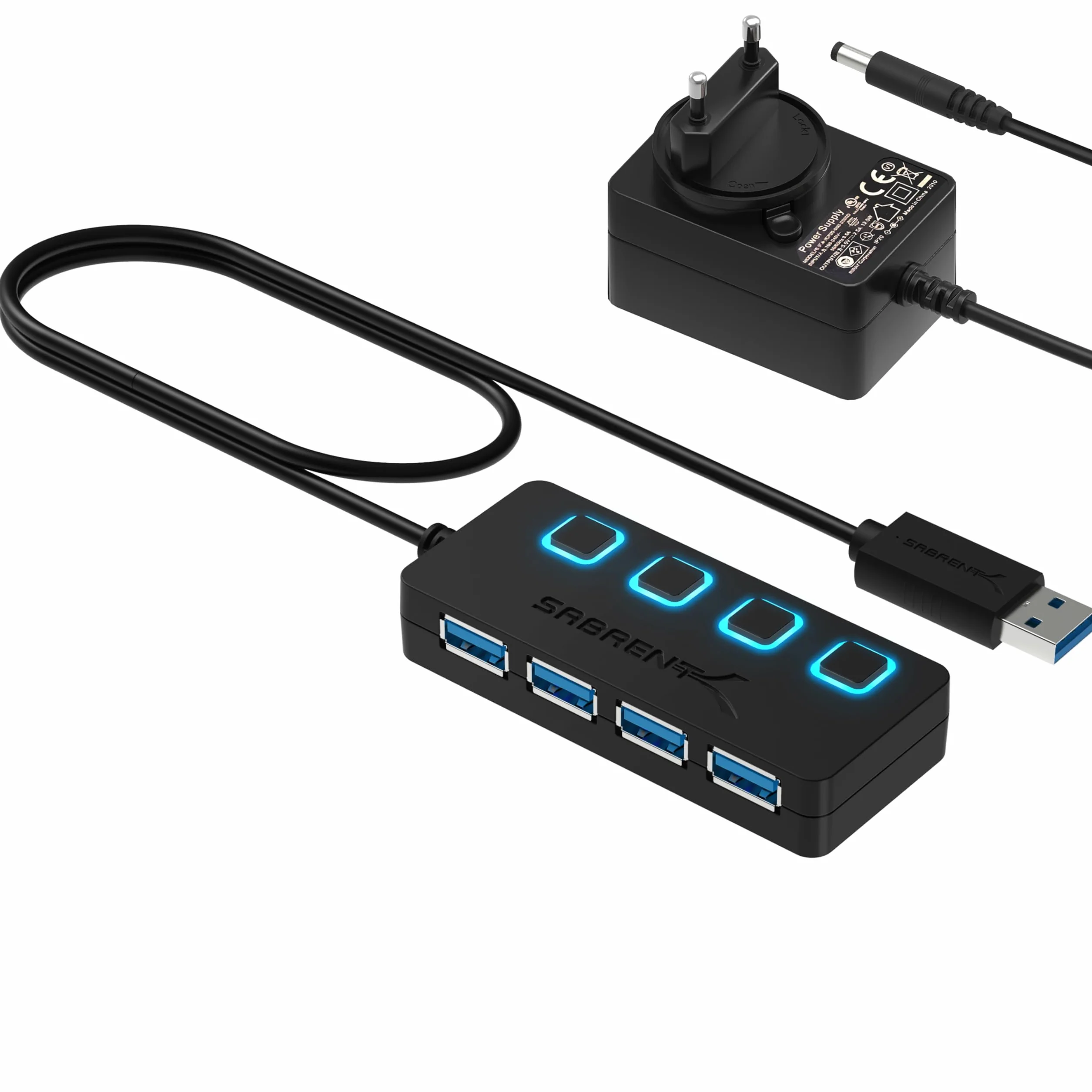 SABRENT Hub de 4 Puertos con interruptores de alimentación Individuales y Leds | USB 3.0 | Incluye Adaptador de Corriente de 5V/2.5A | para PS5, Xbox, PC, Ordenador portátil, Gaming [HB-UMP3]