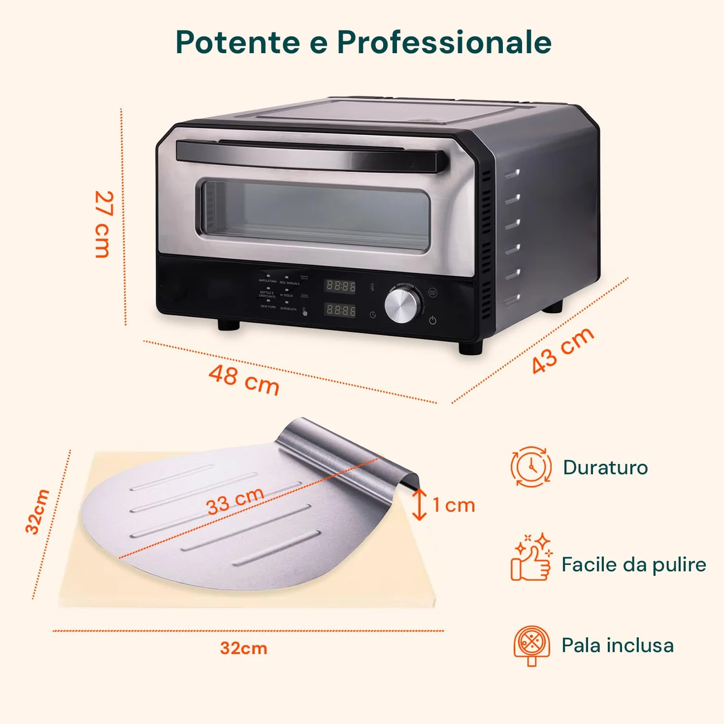 Horno eléctrico para pizza Avilia 400°C con pantalla digital y 6 programas de cocción, acero inoxidable