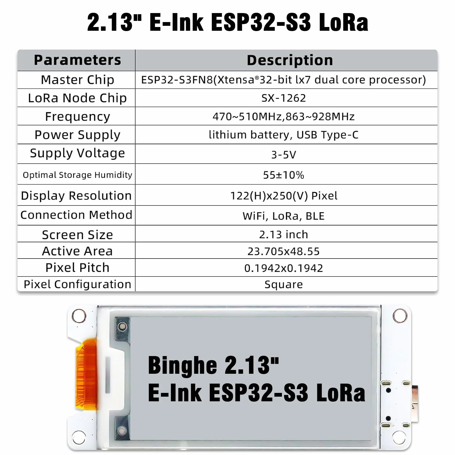 2.13" E-Ink Lora Display Binghe 2.13" E-Ink Lora Display con ESP32-S3 Lora Placa de Desarrollo con Placa acrílica/Cable de batería/Antena Soporte WIFILORA Bluetooth Compatible con Arduino