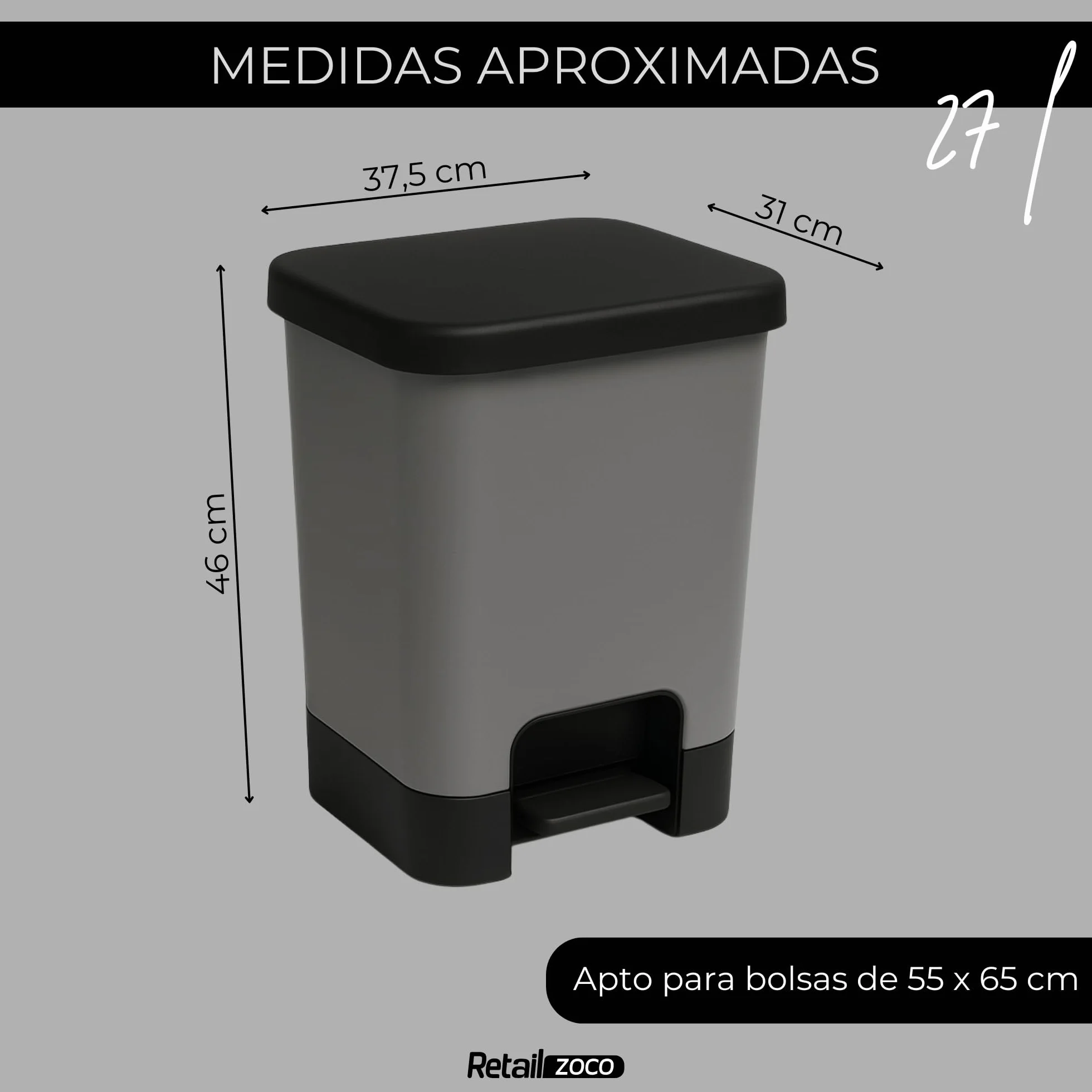TECHZOCO Cubo basura plástico apertura pedal 27L 45x38x32 cm Gris/Negro