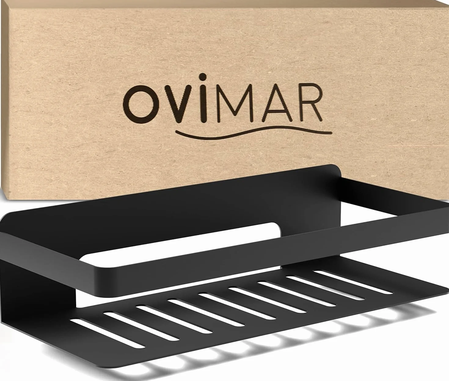Ovimar Cesta de Ducha Rectangular Hinnoya | Negro Mate | Acero Inoxidable | Sin Taladrar | Para Pegar | Plato de Ducha | Ahorra Espacio | Para Bañera | Guarda Gel
